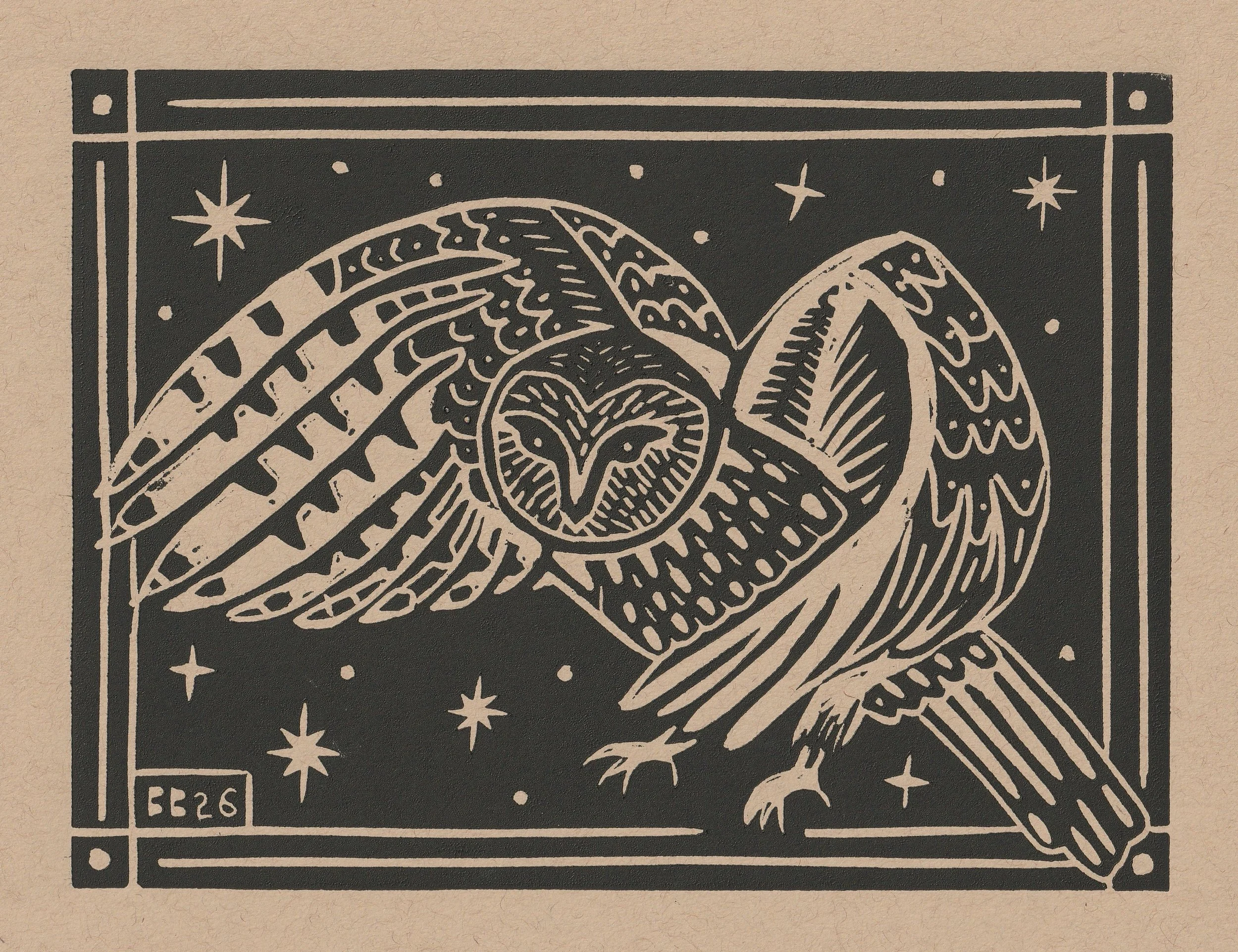 Midnight Flight, linocut print on paper, 2026