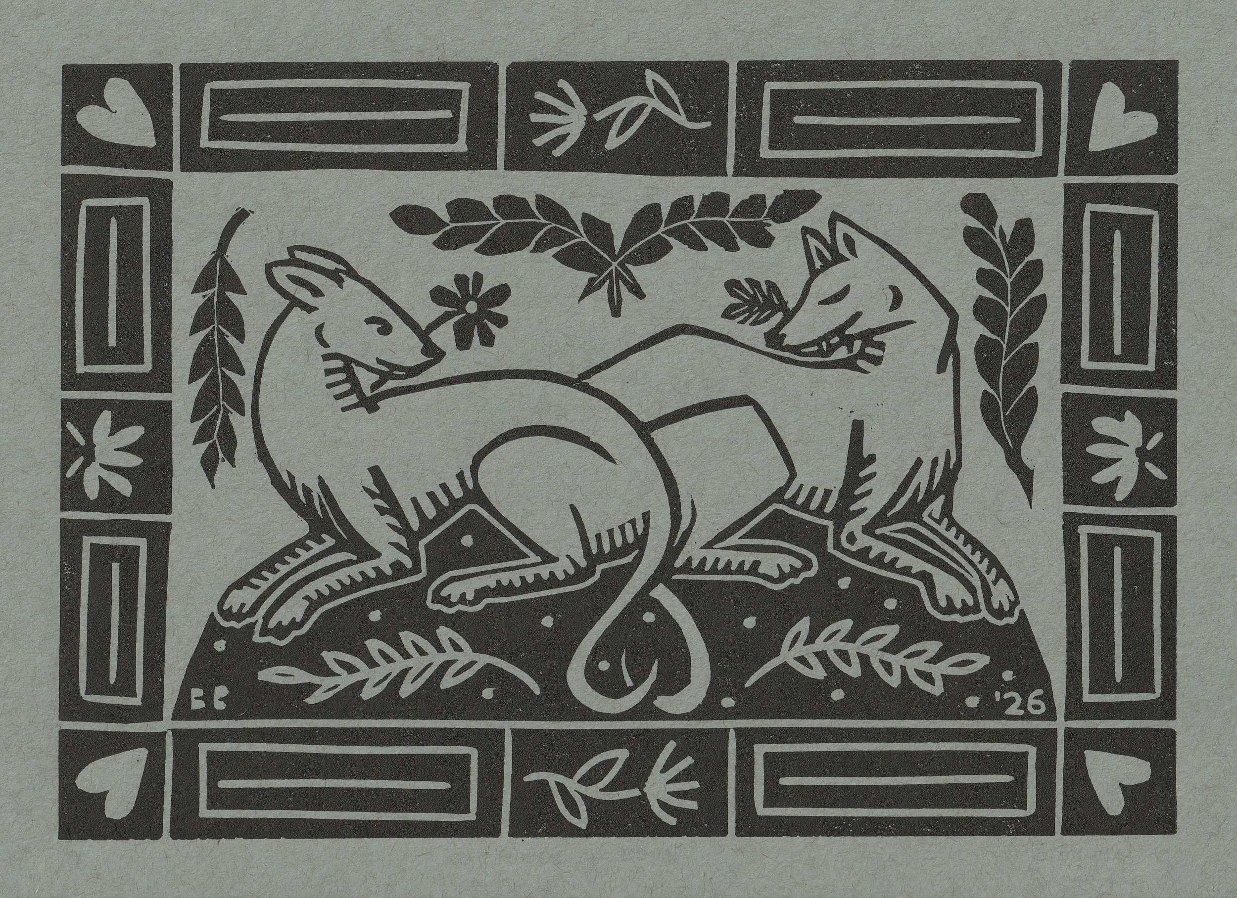 Hounds of Love, linocut print on paper, 2026