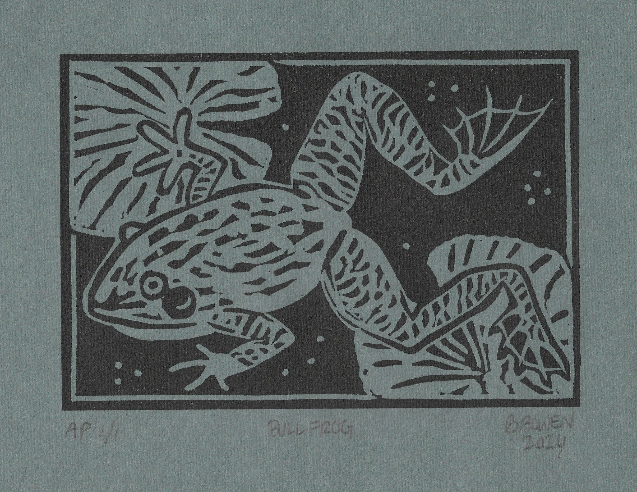 "Bull Frog (after Mark Catesby)", linocut print of a bull frog swimming amongst lily pads, on blue paper, 2024