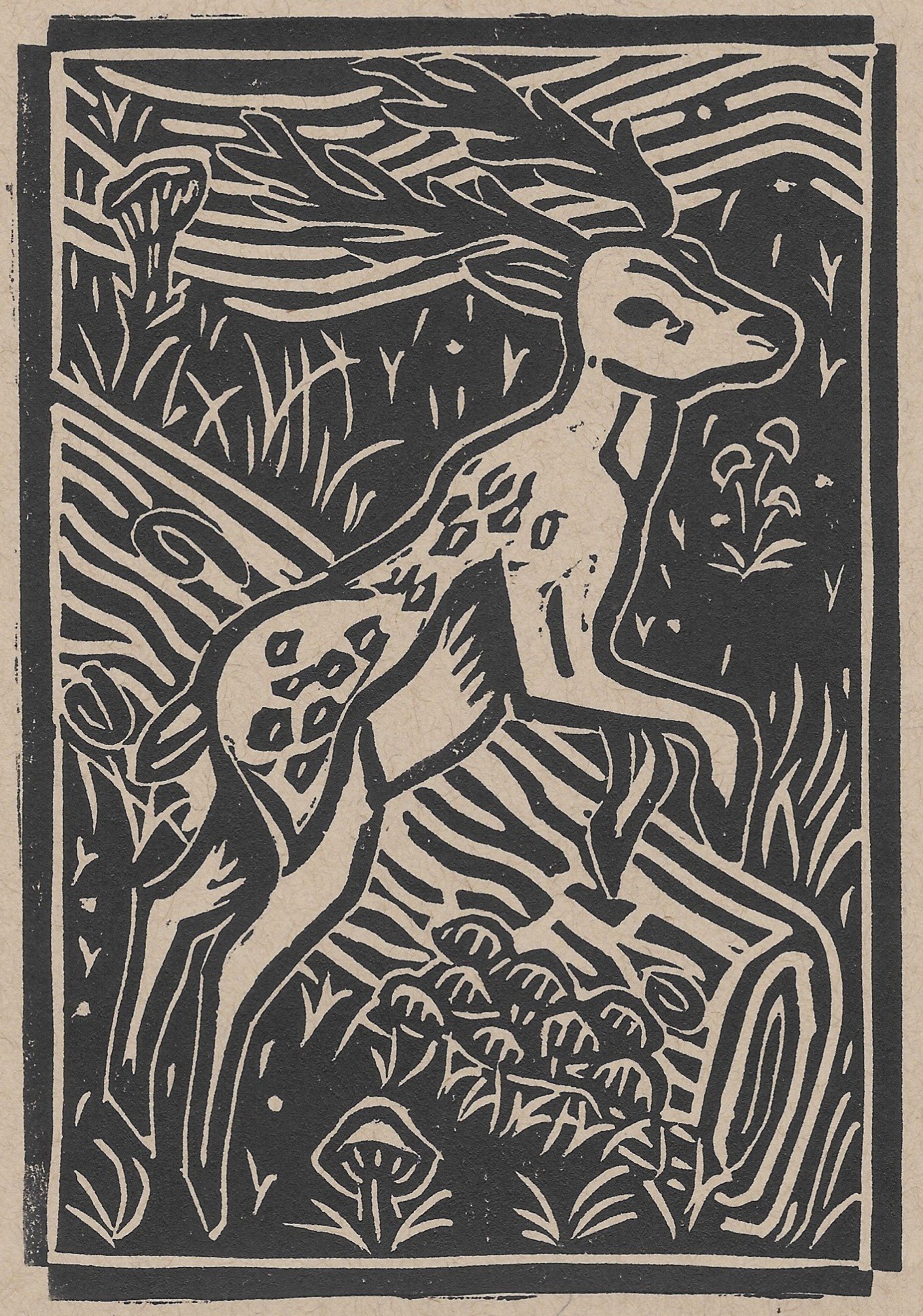 "Young Stag", linocut print of stag leaping over log and mushrooms, on tan paper, 2023