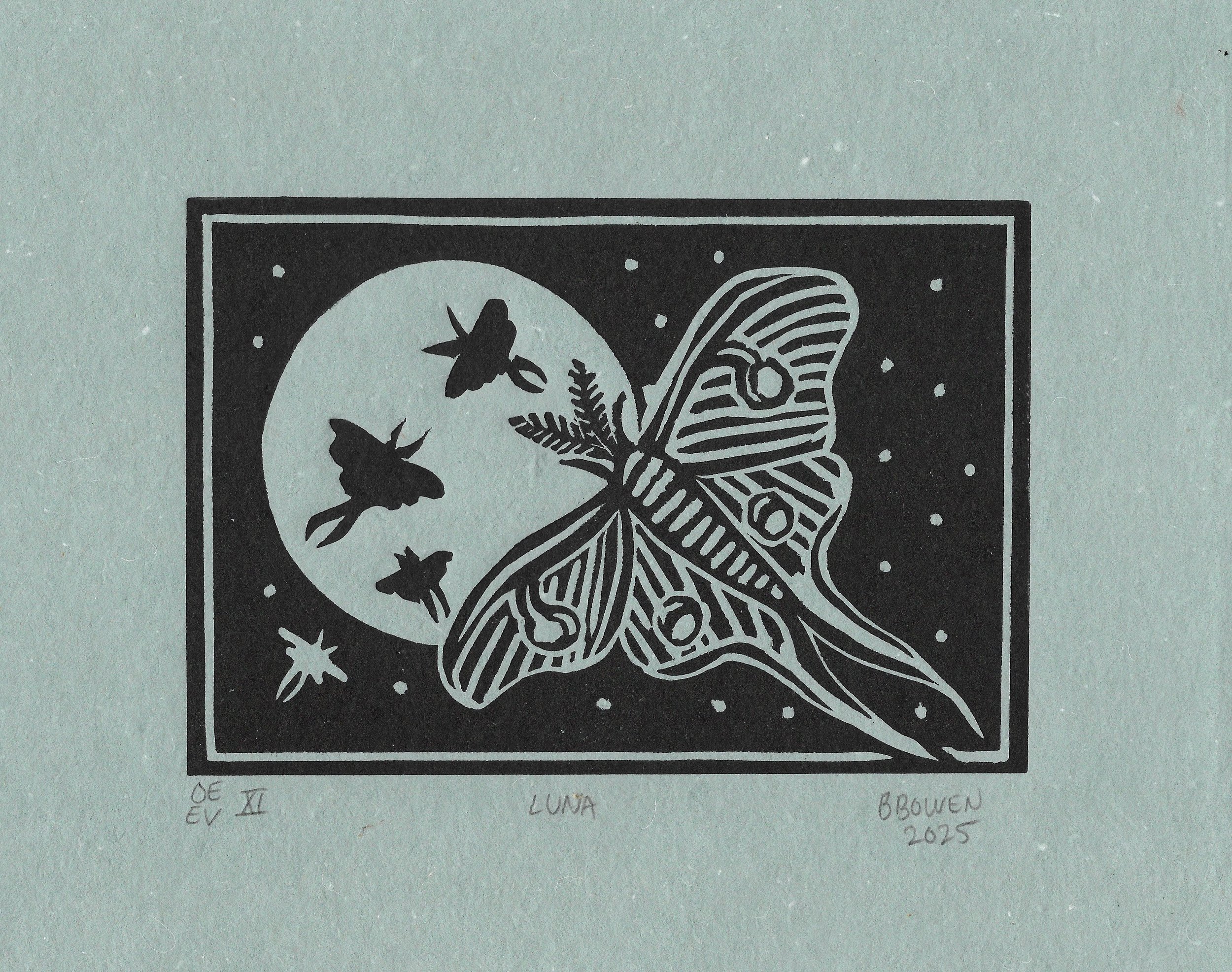 "Luna", linocut print of a luna moth and full moon on turquoise handmade paper, 2025