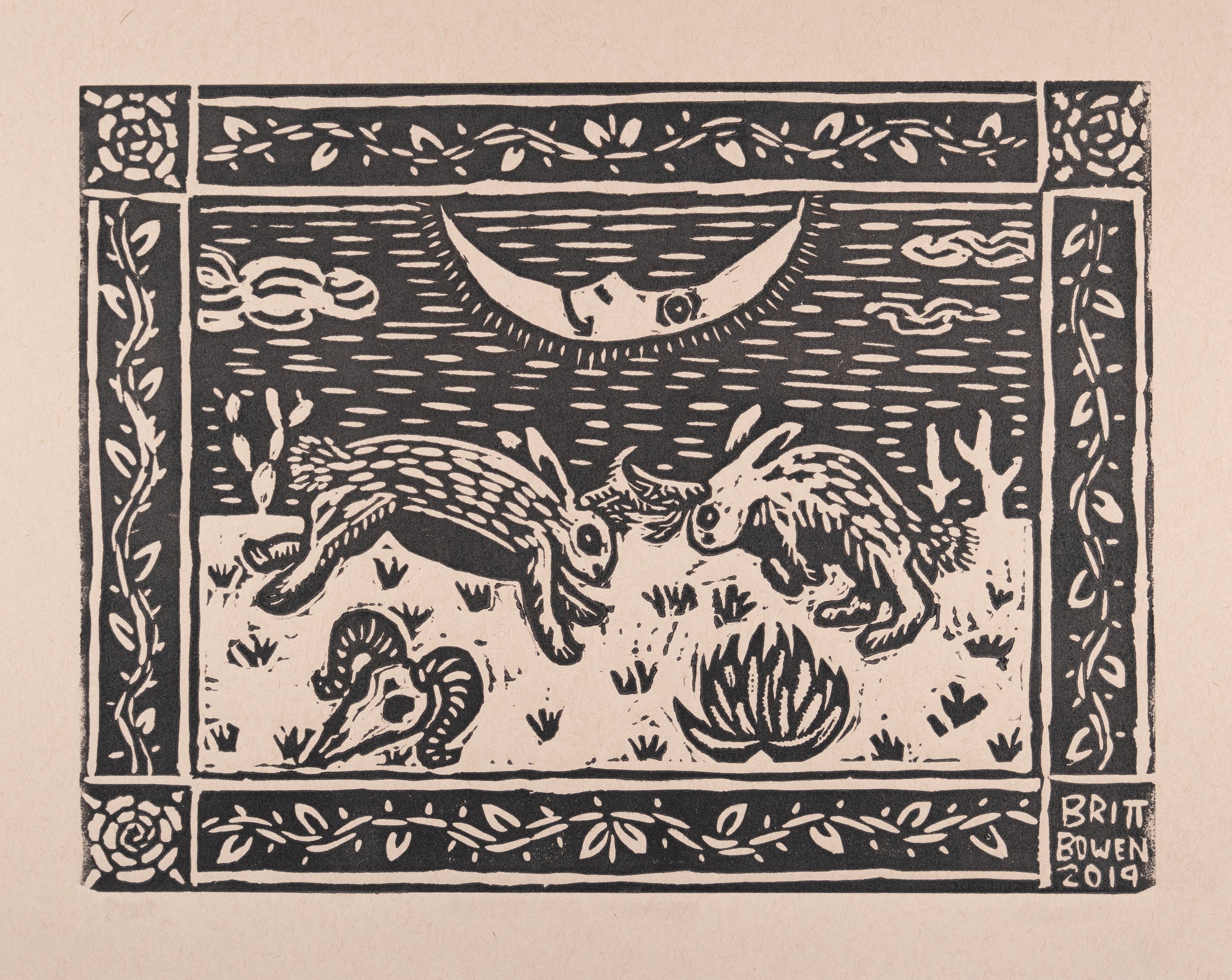 Battle for Midnight, linocut of 2 jackalopes battling in the desert beneath a crescent moon, on tan paper, 2019