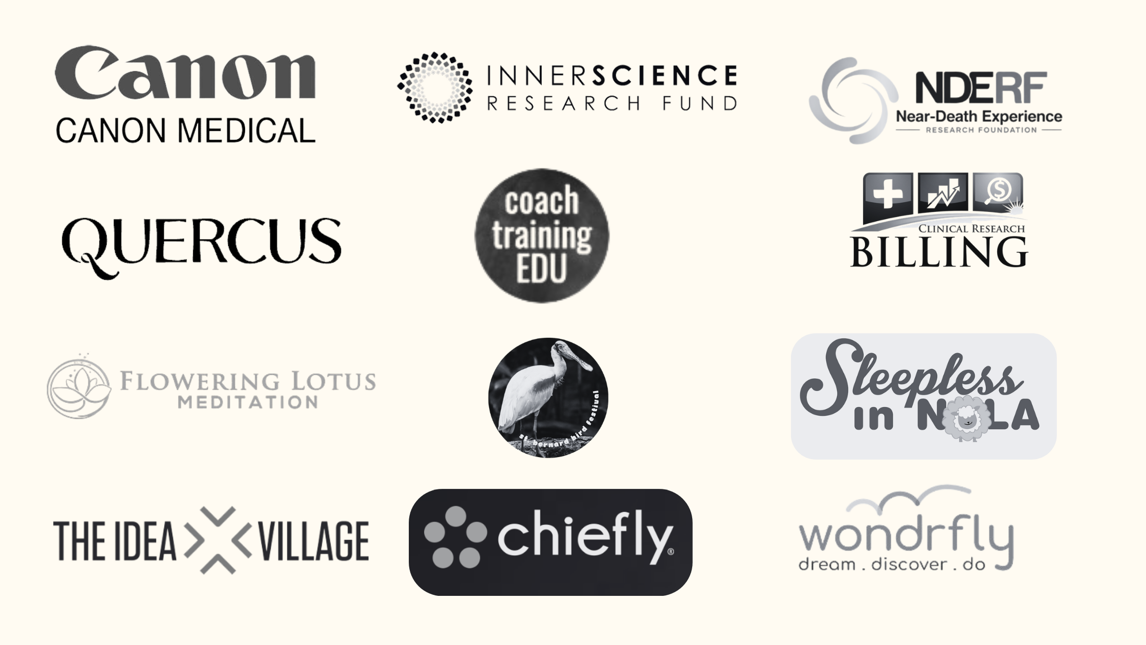 Logos of brands Lisa Fernandez Agency has worked with: Canon Medical, InnerScience Research Fund, NDERF, Quercus, Coach Training EDU, Clinical Research Billing, Flowering Lotus Meditation, Sleepless in NOLA, The Idea Village, Chiefly and Wondrfly