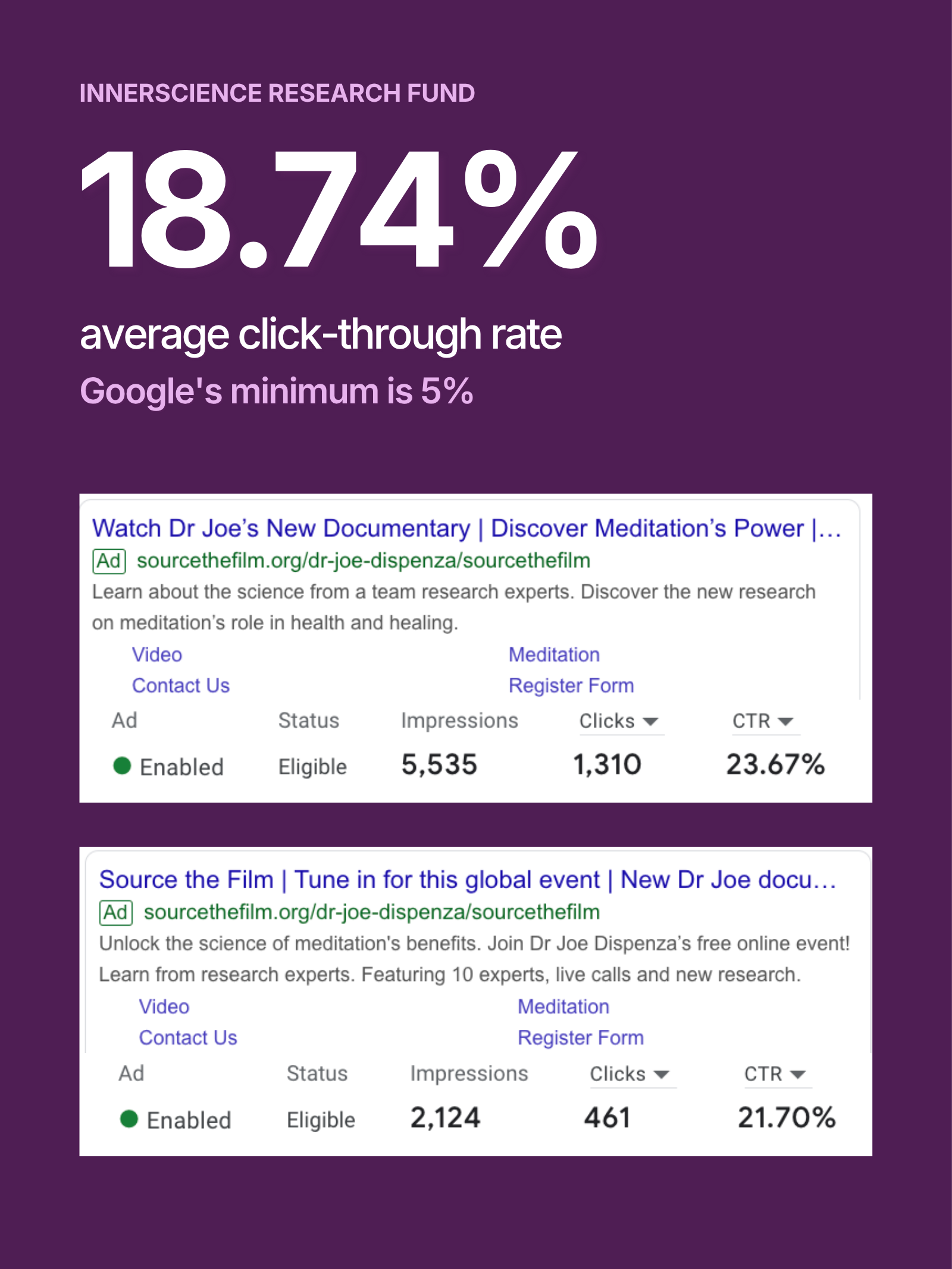 InnerScience Research Fund Google Ad Grant results: 18.74% average click-through rate, with two ads at 23.67% and 21.70%