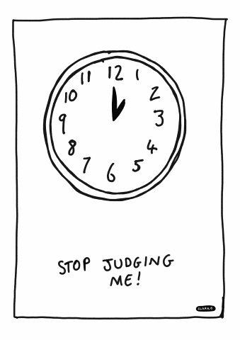A clock animation with the message 'Stop judging me!' written below.