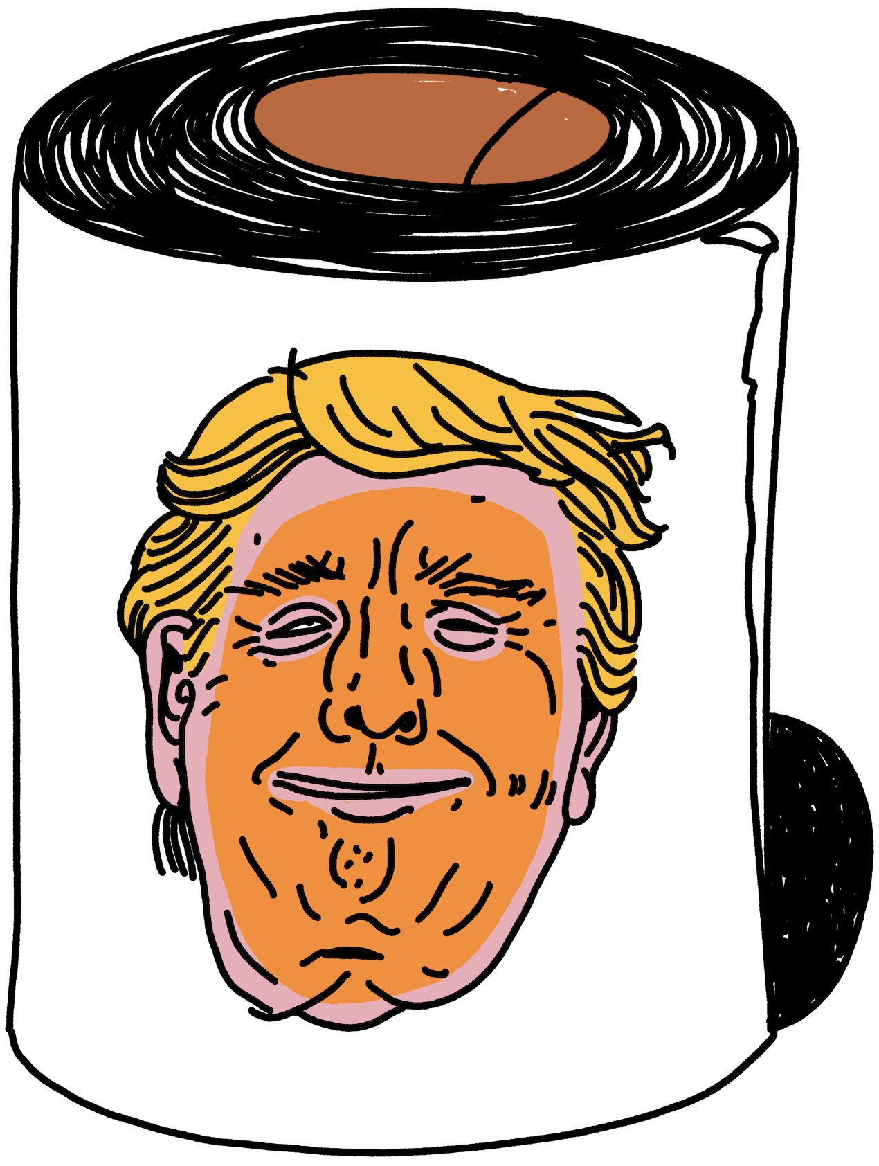 Illustration of a caricatured face with a smile, light pink skin tone, yellow hair, and a black background, featuring a brown oval-shaped object or symbol above the head.