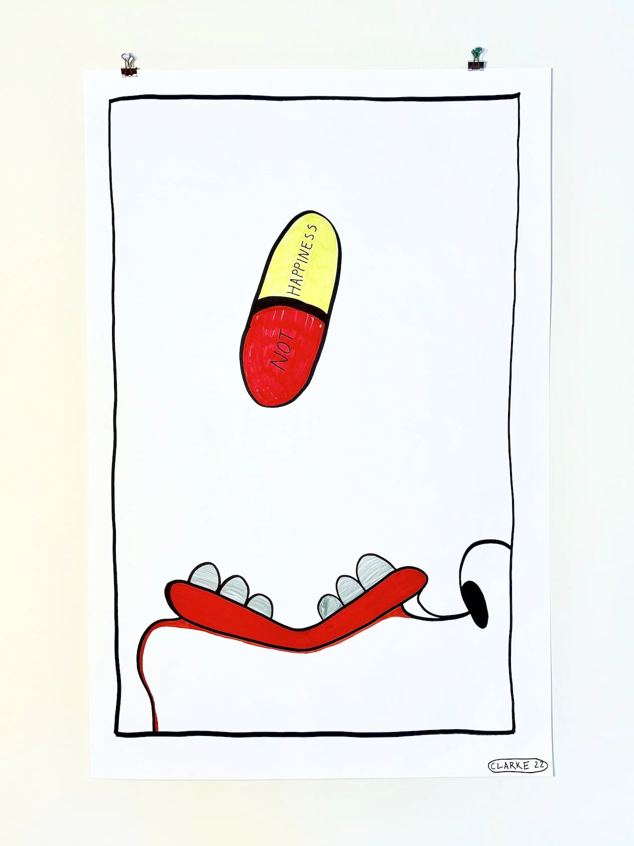 Drawing of a pill capsule labelled 'HAPPINESS' and 'NOT,' being swallowed by an addict