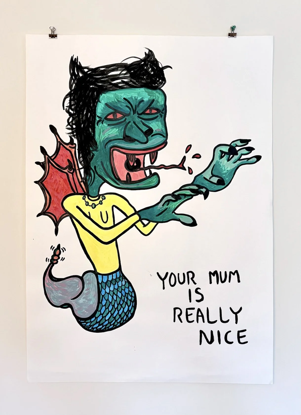 Colorful drawing of a mermaid with a green face, black hair, and red eyes, wearing a yellow top and a blue-scaled tail, with dragon wings and vampire-like fangs, smoking a cigarette, and the text 'Your mum is really nice' beside it.