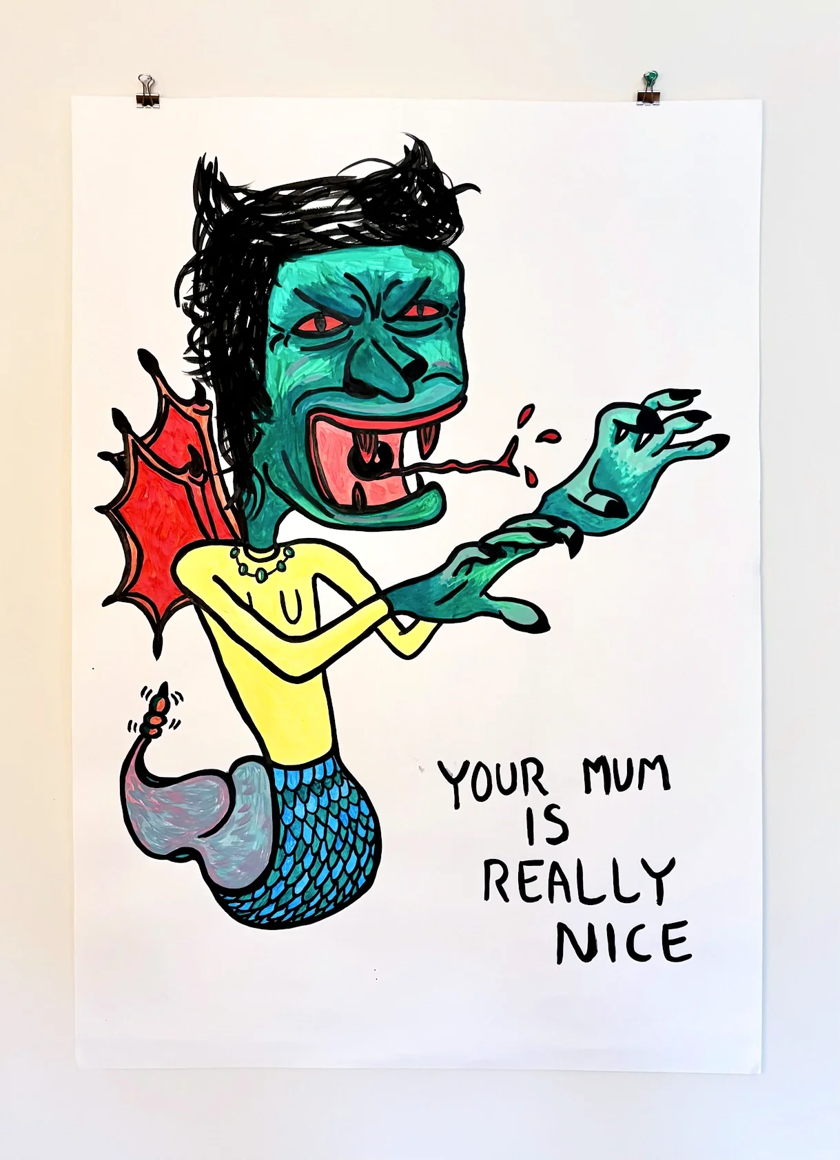 Colourful drawing of a mermaid with a green face, black hair, and red eyes, wearing a yellow top and a blue-scaled tail, with dragon wings and vampire-like fangs, smoking a cigarette, and the text 'Your mum is really nice' beside it.