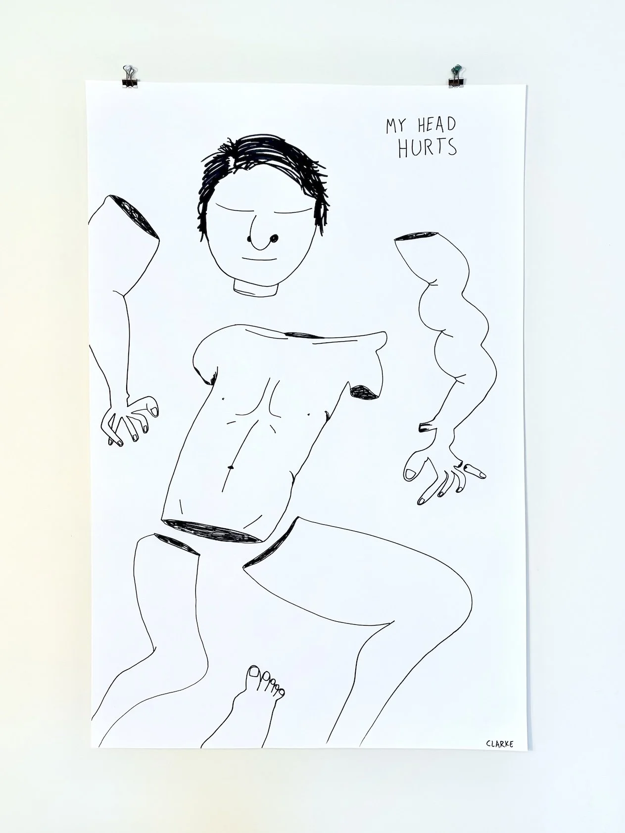 A line drawing of a person with short hair, smiling, with their head and arms appearing to be cut out of a torso, and the words 'My Head Hurts' written on the top right.