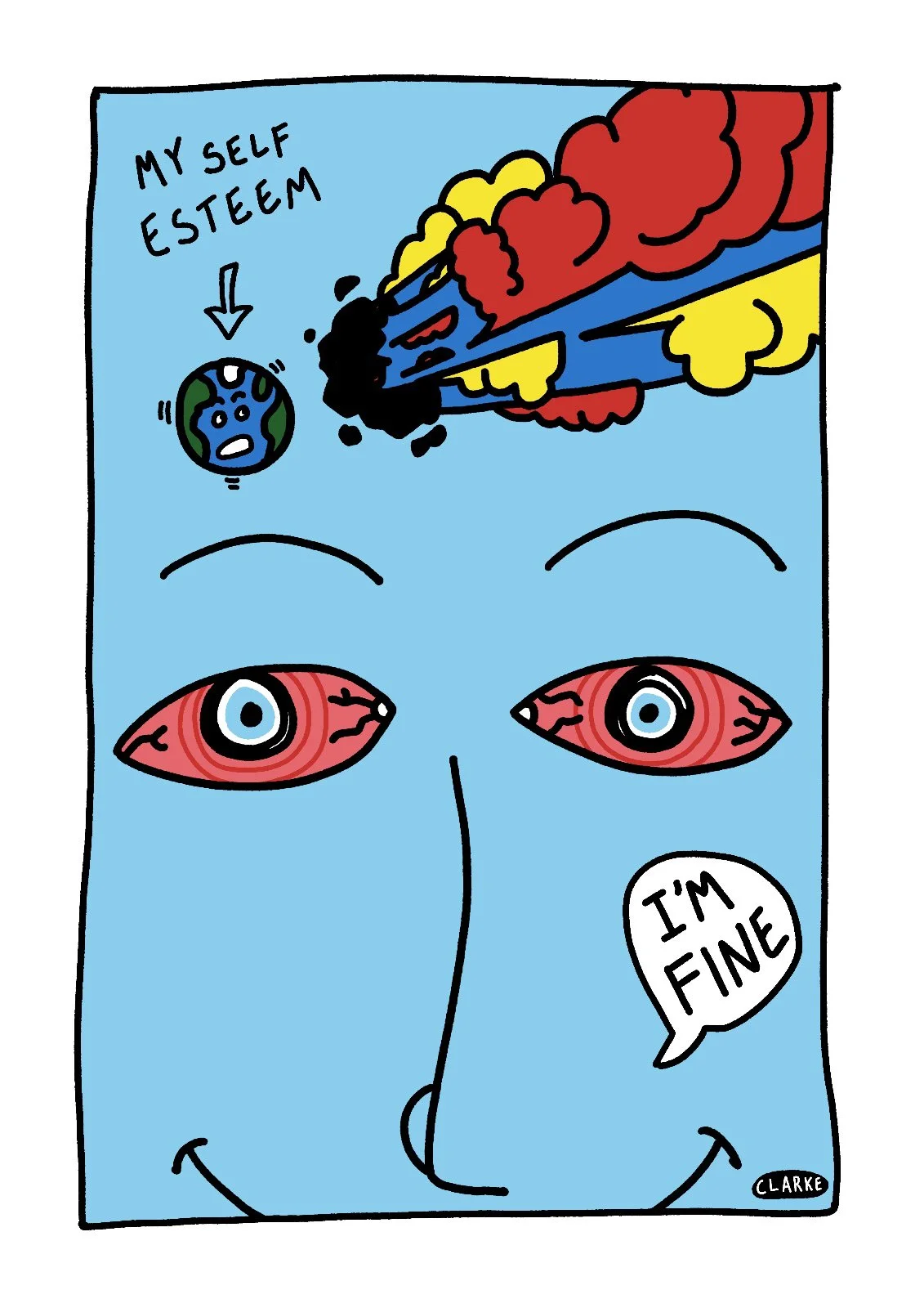 A cartoon face with a smiling mouth and closed eyes, with red and black bloodshot eyes. Above the face is a depiction of the Earth with a sad face and an arrow pointing to the Earth, labelled "My Self Esteem." Also above, there is a depiction of a de