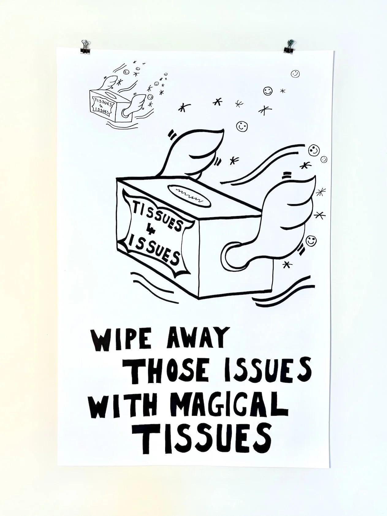 A black and white illustration of a box of tissues with a label that says 'TISSUES & ISSUES' and a tissue pulling out of the box. The background has small playful doodles, stars, and smiley faces. Below, bold text reads 'WIPE AWAY THOSE ISSUES WITH M