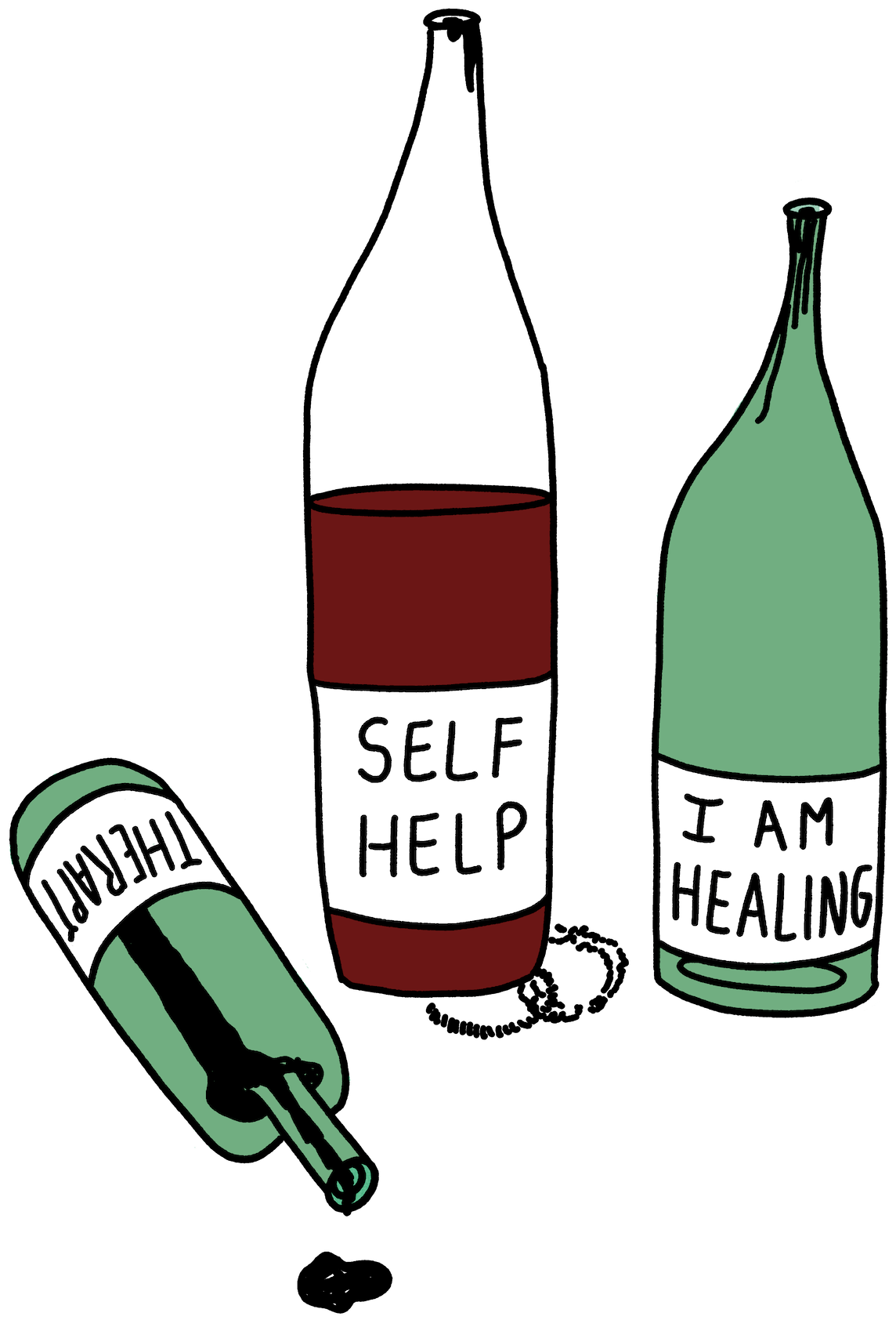 Illustration of three bottles with labels: one says 'THERAPY', another 'SELF HELP', and the third 'I AM HEALING'.