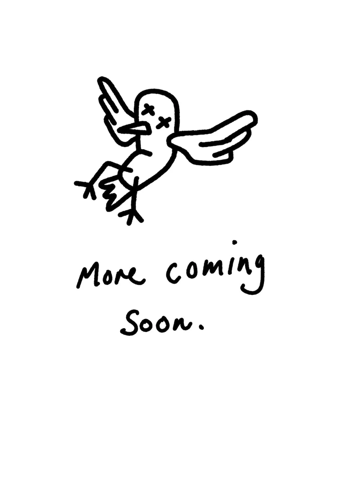 A simple black and white drawing of a flying bird with wings spread wide, eyes represented as X's, and a small beak. Below the bird, there is handwritten text that says 'More coming soon.'