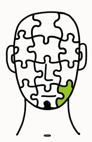 Outline of a human head with puzzle pieces inside and a green puzzle piece at the bottom right of the face.