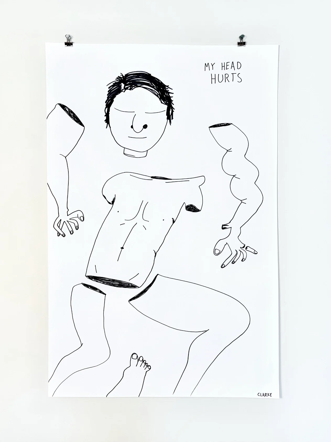 A line drawing of a person with short hair, smiling, with their head and arms appearing to be cut out of a torso, and the words 'My Head Hurts' written on the top right.
