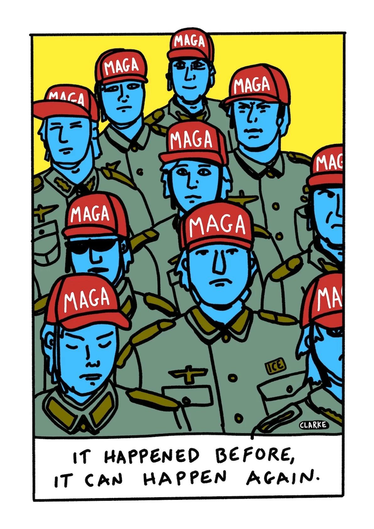 illustration of Immigration and Customs Enforcement (ICE) officers marching together wearing MAGA caps