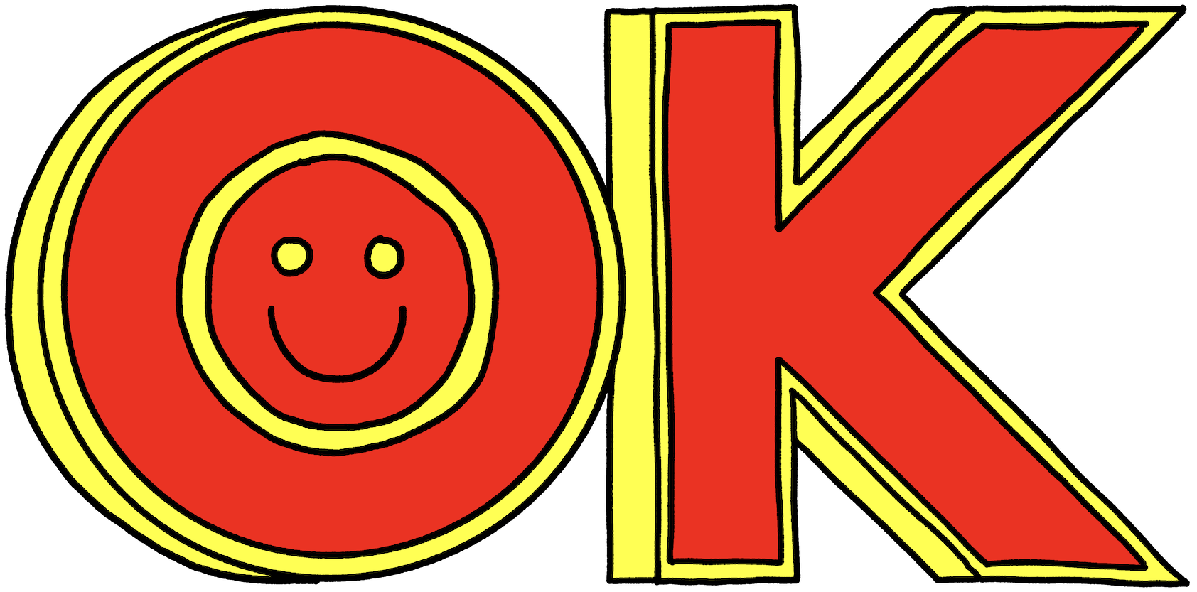The word 'OK' written in large red letters with yellow outlines, featuring a smiley face inside the letter 'O'.