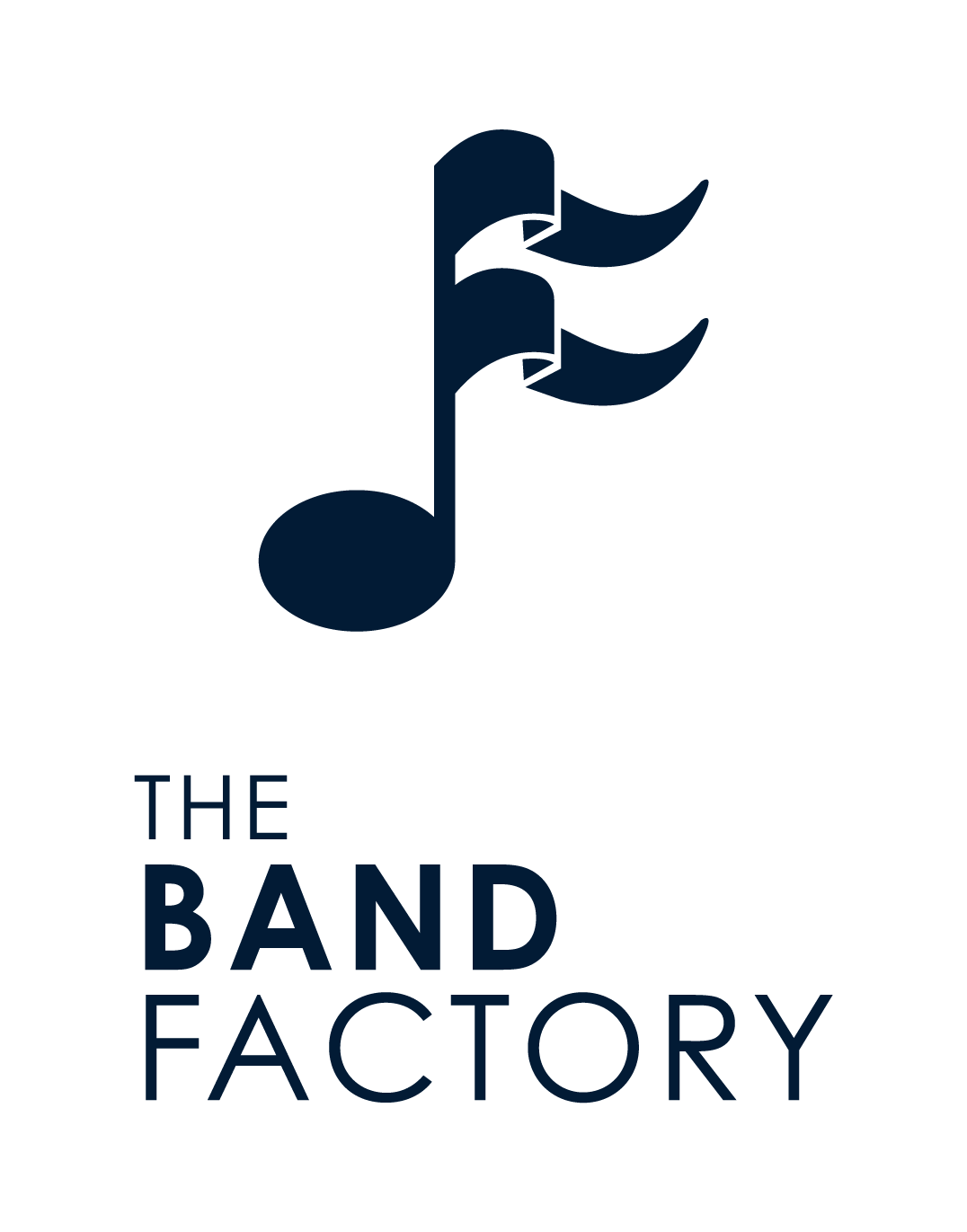Logo with a musical note featuring two ribbons, accompanied by the text 'The Band Factory' in bold dark blue letters.