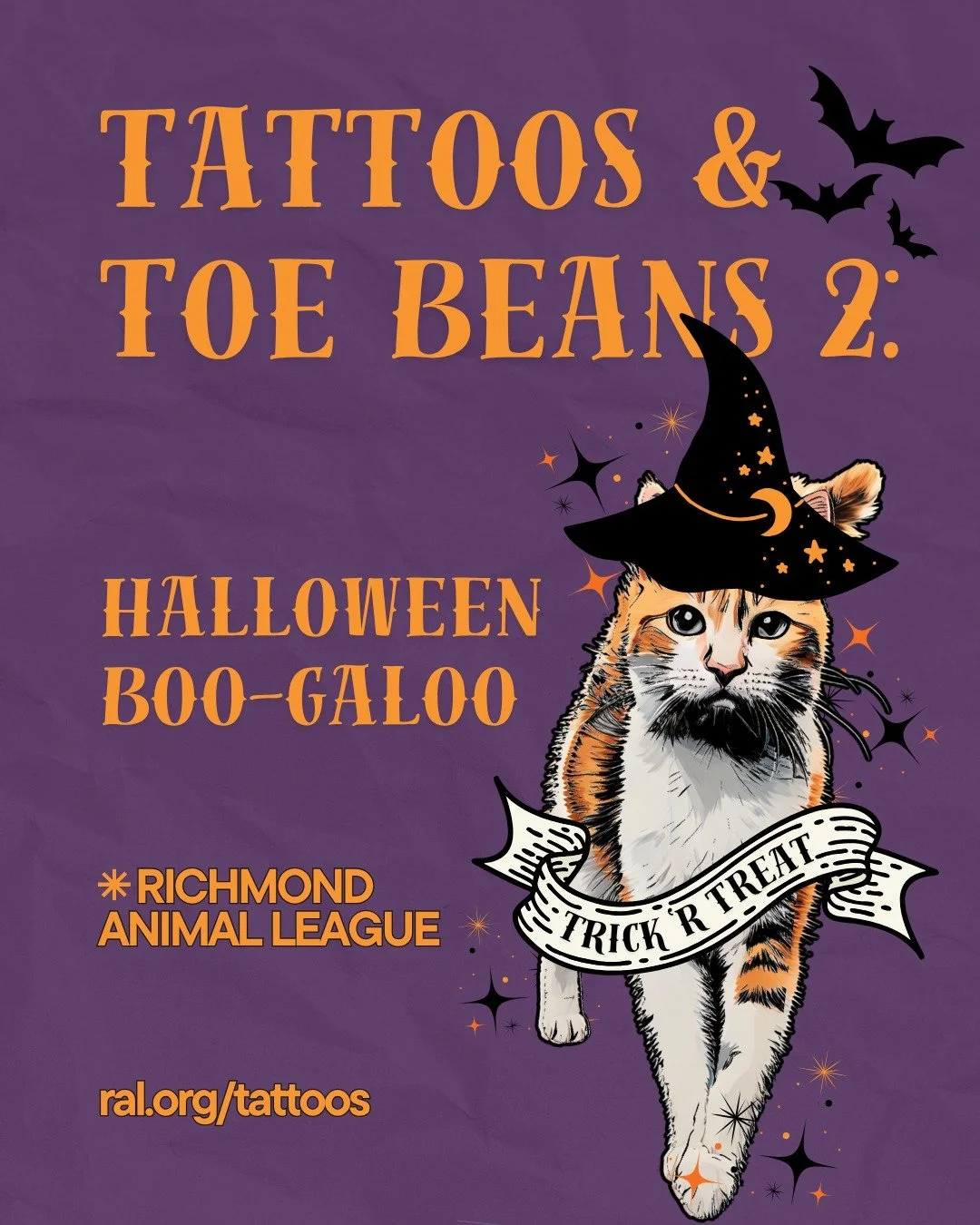 🎃 Tattoos &amp; Toe Beans 2: Halloween BOO-galoo 🎃

It&rsquo;s back&mdash;and spookier than ever! 👻

Get inked for the animals at RAL&rsquo;s second Halloween themed Tattoos &amp; Toe Beans event on October 29 at Richmond Animal League

✨ Tattoos 