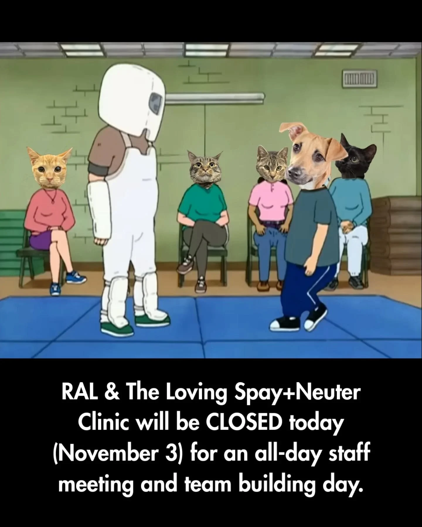 👋 RAL &amp; The Loving Spay+Neuter Clinic are closed today (November 3) for an all-day staff meeting and team-building day!

We&rsquo;ll be back open for our normal hours the rest of the week, ready to help pets and their people. 🧡