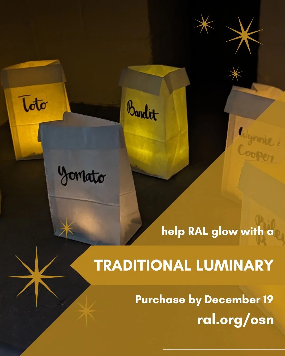 🕯️✨ Light the way for pets this holiday season ✨🕯️

During our annual Luminary Ceremony on December 22, traditional paper bag luminaries will be placed inside the empty kennels at RAL. Each luminary is a simple paper bag, hand lettered with a name,
