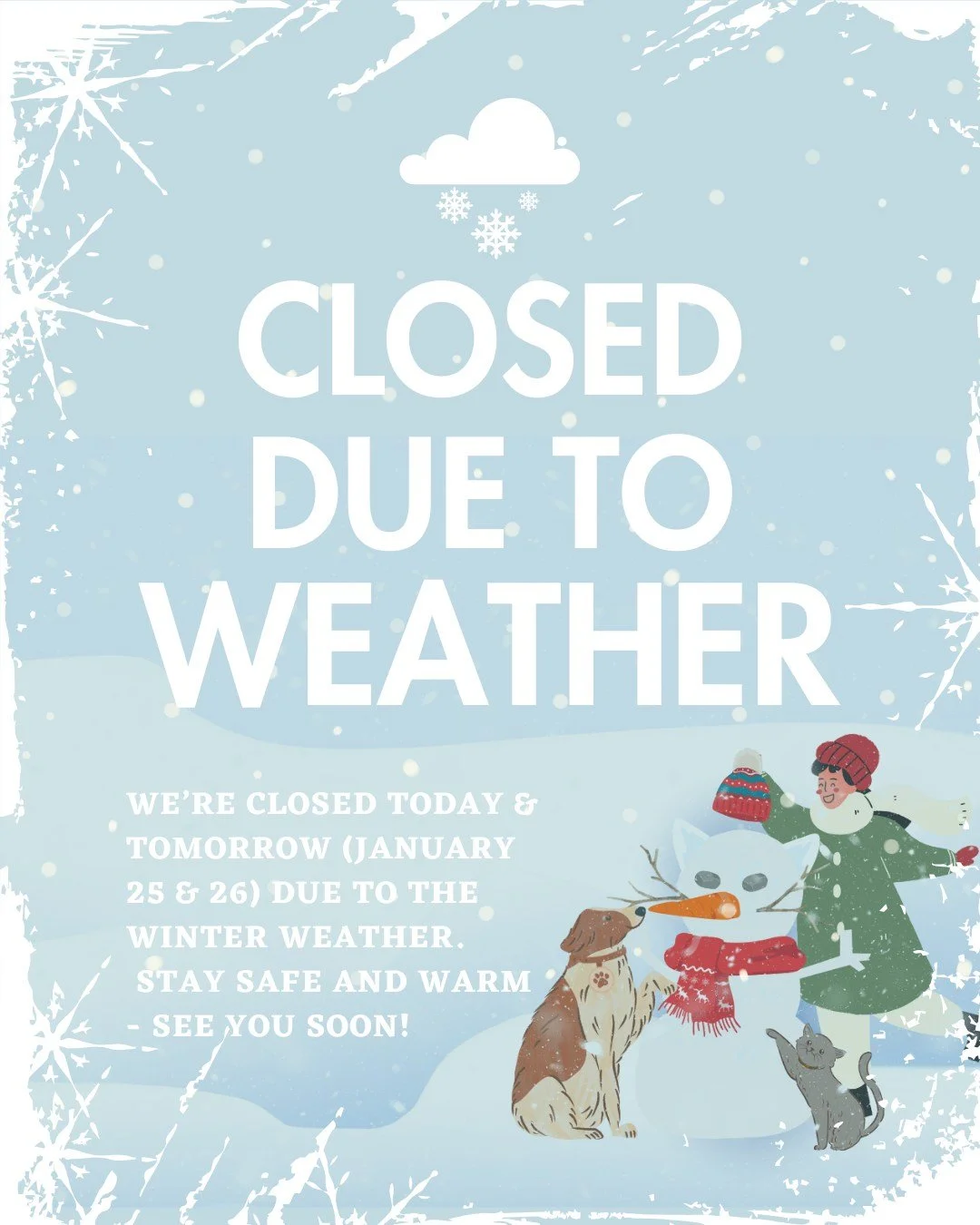 RAL's Shelter will be closed today &amp; tomorrow (January 25 &amp; 26) due to the winter weather. The Loving Spay+Neuter Clinic will also be closed on January 26.
Stay safe &amp; stay warm ❤️❤️