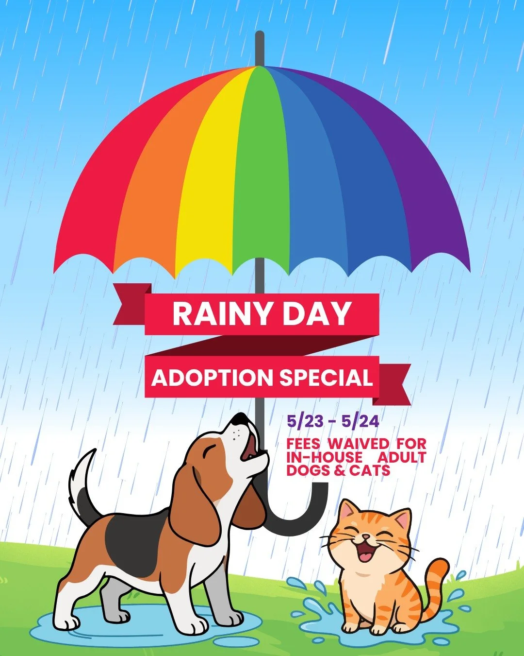 The Rain has washed away our adoption fees for adult cats &amp; dogs at RAL!

This Saturday &amp; Sunday (May 23 - 24) we are offering fee waived adoptions for in-house adult cats and dogs (ages 1 year &amp; up).

Stop by RAL between 12 - 4pm this we