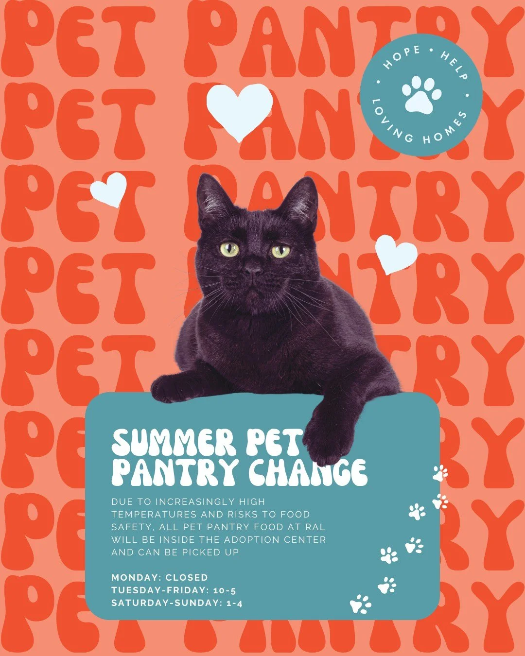 Due to increasingly hot temperatures we will be making the following changes to RAL's Pet Pantry.

All food will now be inside the adoption center to maintain best food safety practices.

Food can be picked up inside Tuesday-Friday between 10-5 &amp;