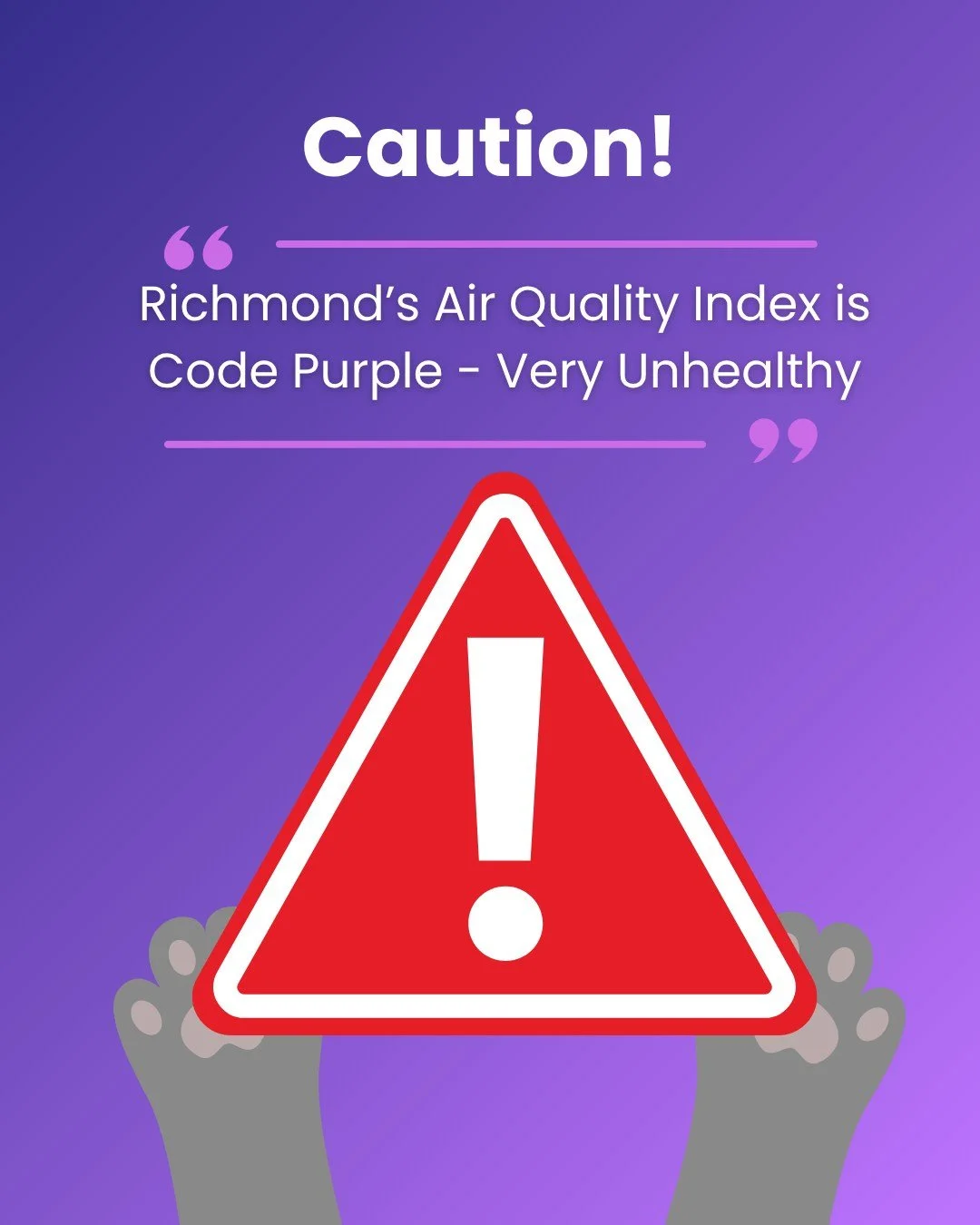 Code Purple Air Quality Alert 💜 Richmond, please read

VA DEQ has issued a Code Purple forecast today, the "Very Unhealthy" tier of air quality. Time to keep it low key indoors with your pets.

Quick tips:
🐾 Shorten walks, skip the zoomie