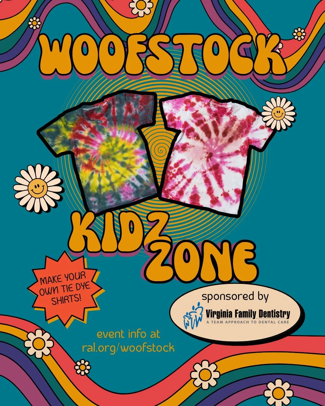 We are gearing up for Woofstock 2026 and are so excited that the ever popular tie dye shirts will be back in the Kidz Zone, sponsored by @vafamilydentistry. Visit the Kidz Zone tent to make your own groovy tie dye along with other kid geared activiti