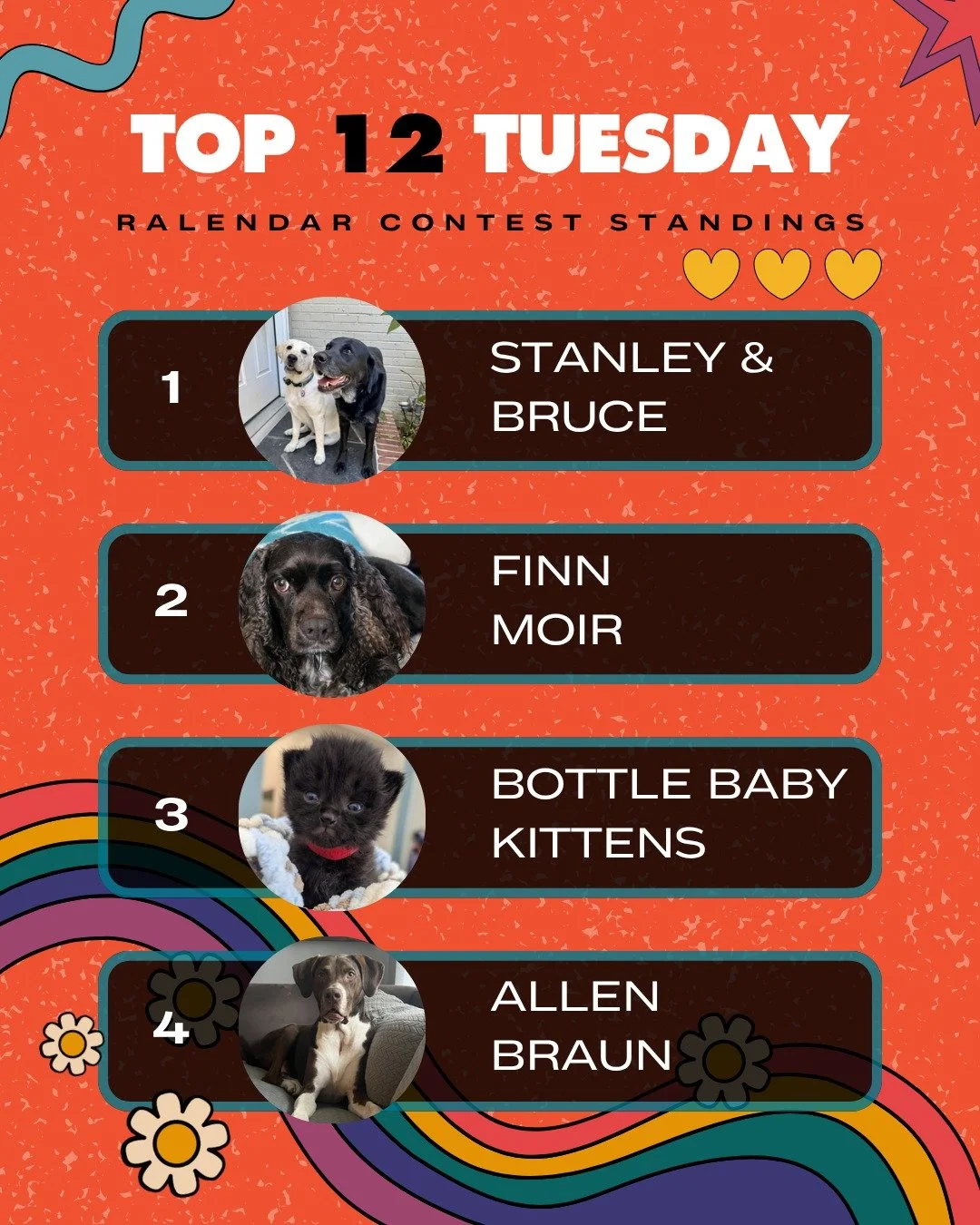 It's Top 12 Tuesday!

Our Top 12 are holding steady, but as we get into the final weeks of the competition anything can happen.

Will there be another match that can propel a new pet to stardom or secure your favorite in the top spot? Stay tuned in t