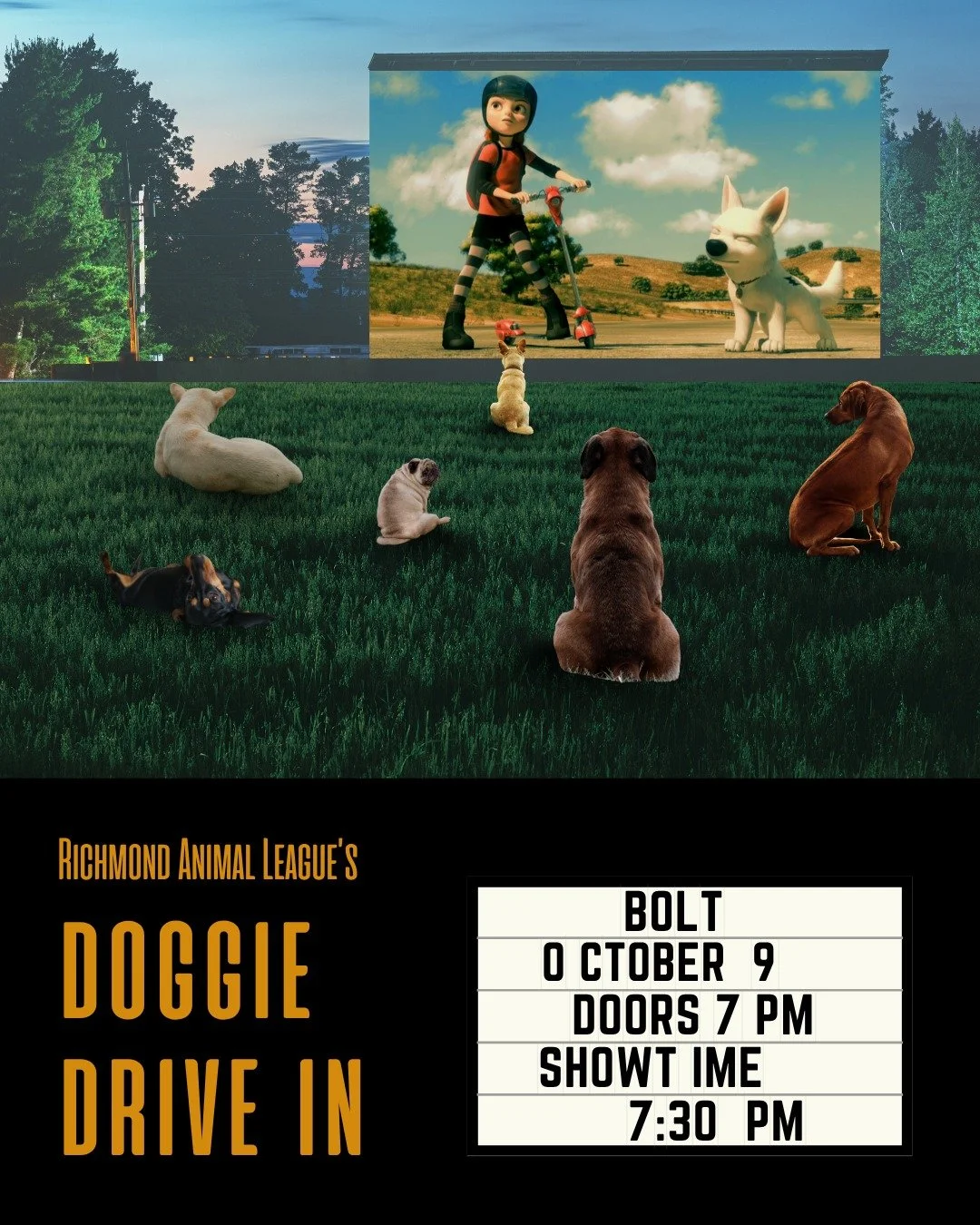 Want to join us for a movie night with a twist?

We're hosting our first ever Doggie Drive In here at RAL on Friday, October 9th.

We'll be showing the movie Bolt, and the best part, we'll have adoptable dogs hanging out with you while you watch the 