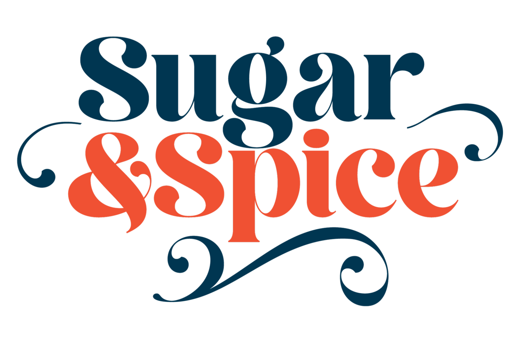 A decorative text graphic with the words 'Sugar & Spice' in large, stylized letters, with 'Sugar' in blue and '& Spice' in red, set against a black background.