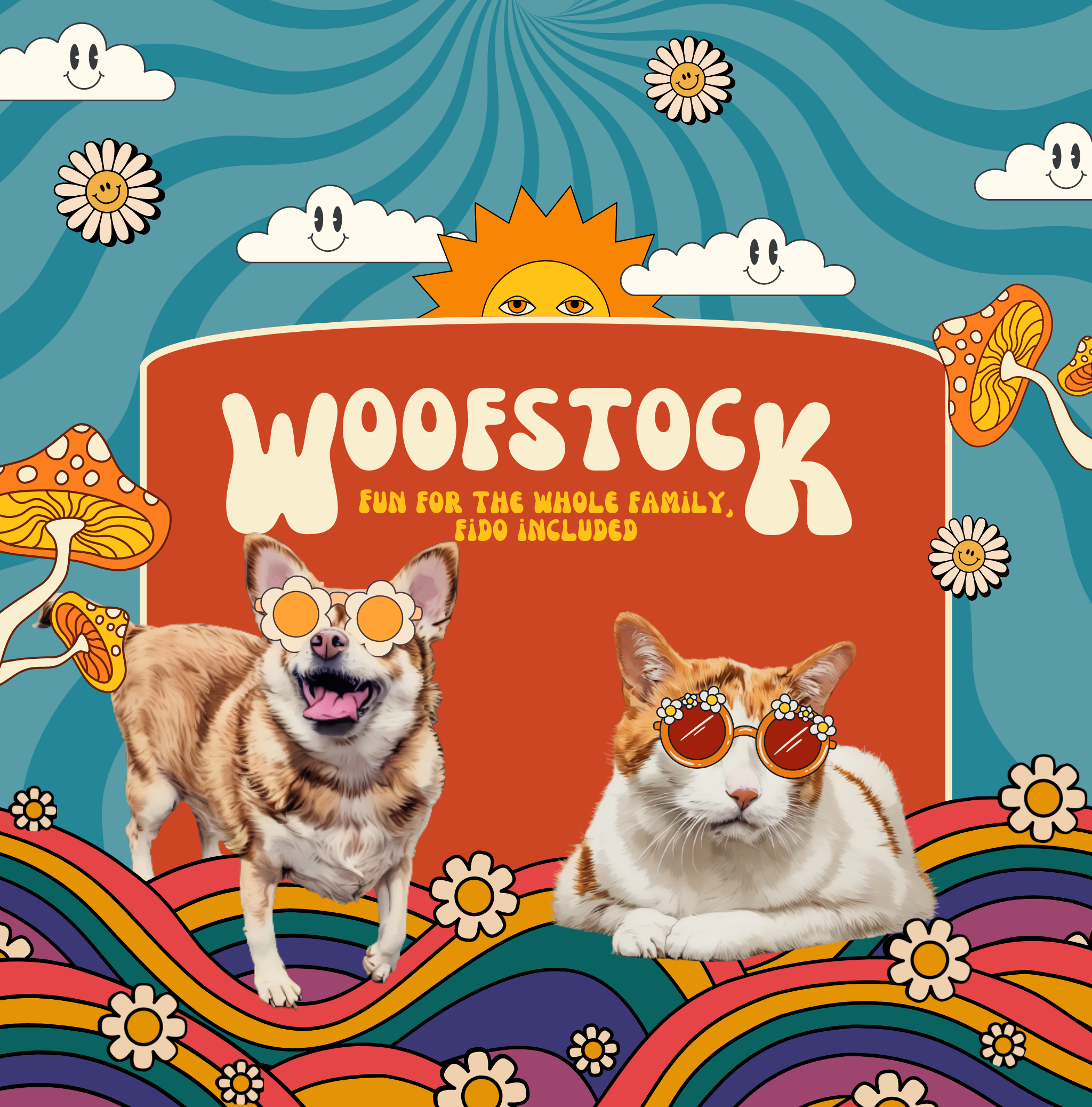 Colorful illustrated cover with a blue rainbow background, cheerful clouds, smiling sun and flowers, featuring a dog and a cat wearing sunglasses, and the title 'WOESTOCK' with playful fonts, advertising a family-friendly event with a joke about Fido included.