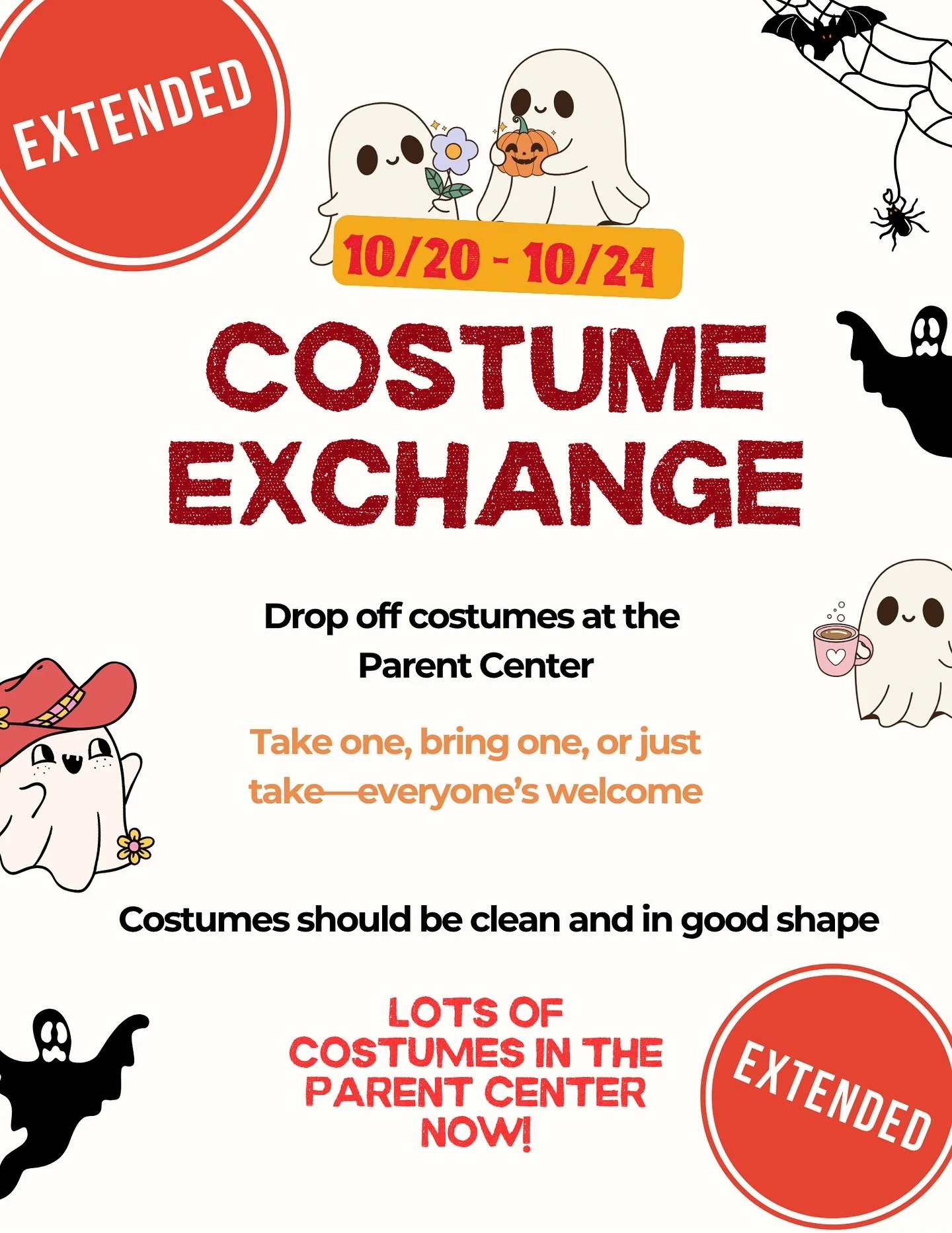 π Costume Exchange EXTENDED—Seriously, Come Get One!
We’re not kidding—the boxes are bursting with amazing costumes and they’re here for YOU.
π Don’t buy anything until you’ve checked the stash.
π Found extras a