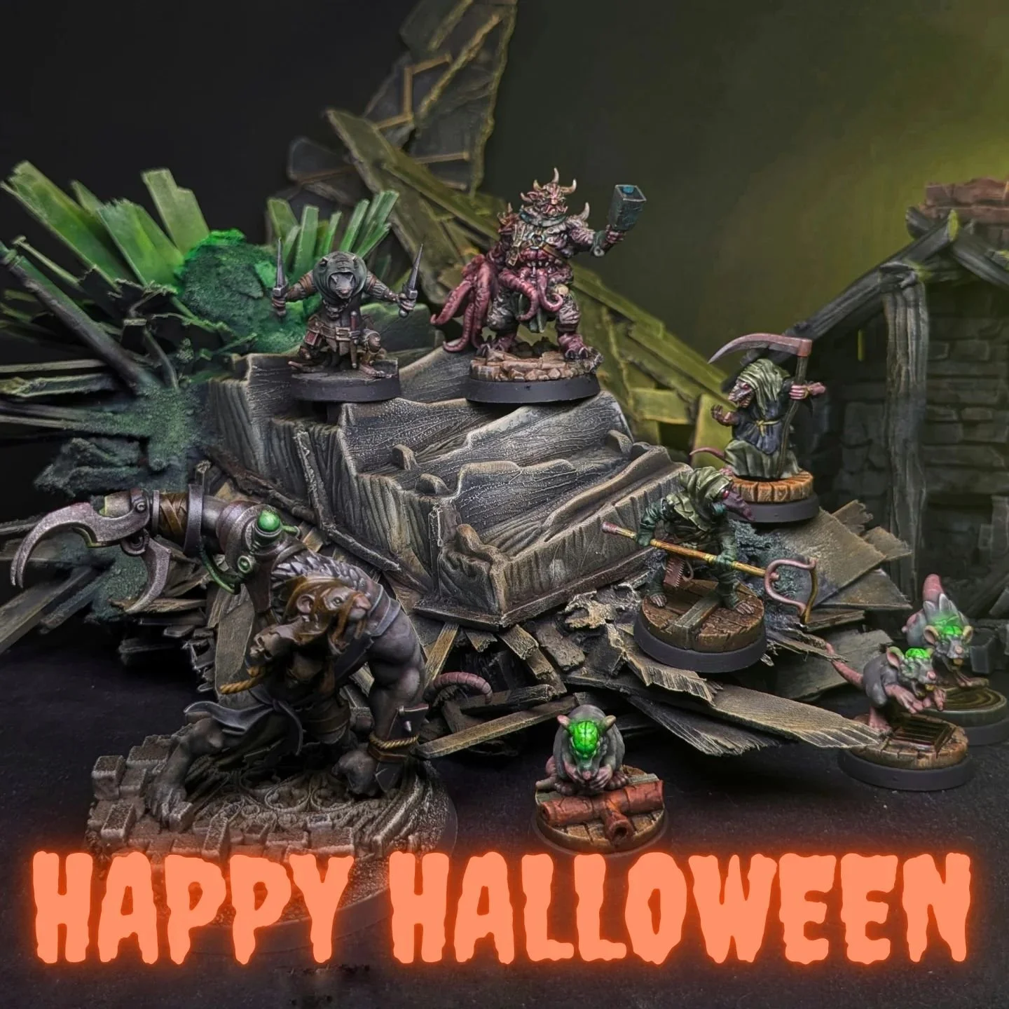 HIGH SPOOKTOBER IS UPON US π HAPPY HALLOWEEN 
To celebrate my favorite holiday, I'm showing off my Ratmen warband for a bunch of games I want to try out! 
I have added a few recruits to the crew and built some #mordheim -esque terrain to go with t