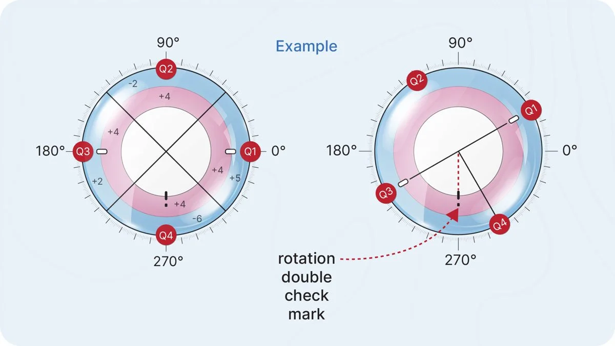 Diagram showing the rotation of a gauge with four labeled points Q1, Q2, Q3, and Q4, demonstrating a double check mark pattern at 270 degrees, with textual labels indicating rotation, double check mark, and marked points.