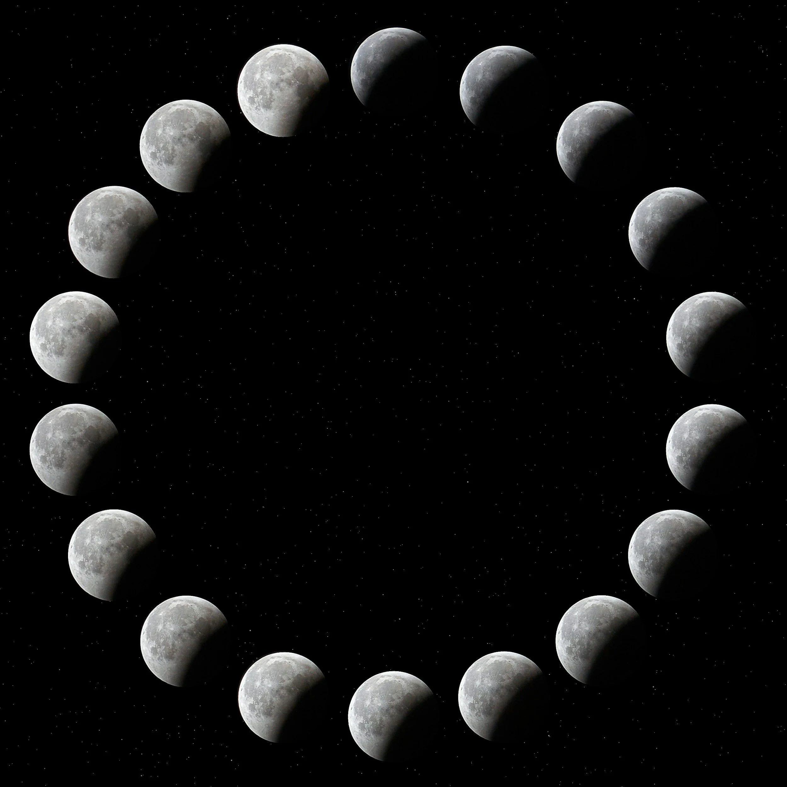 A series of moon phases from full moon to new moon in a row against a starry black sky.