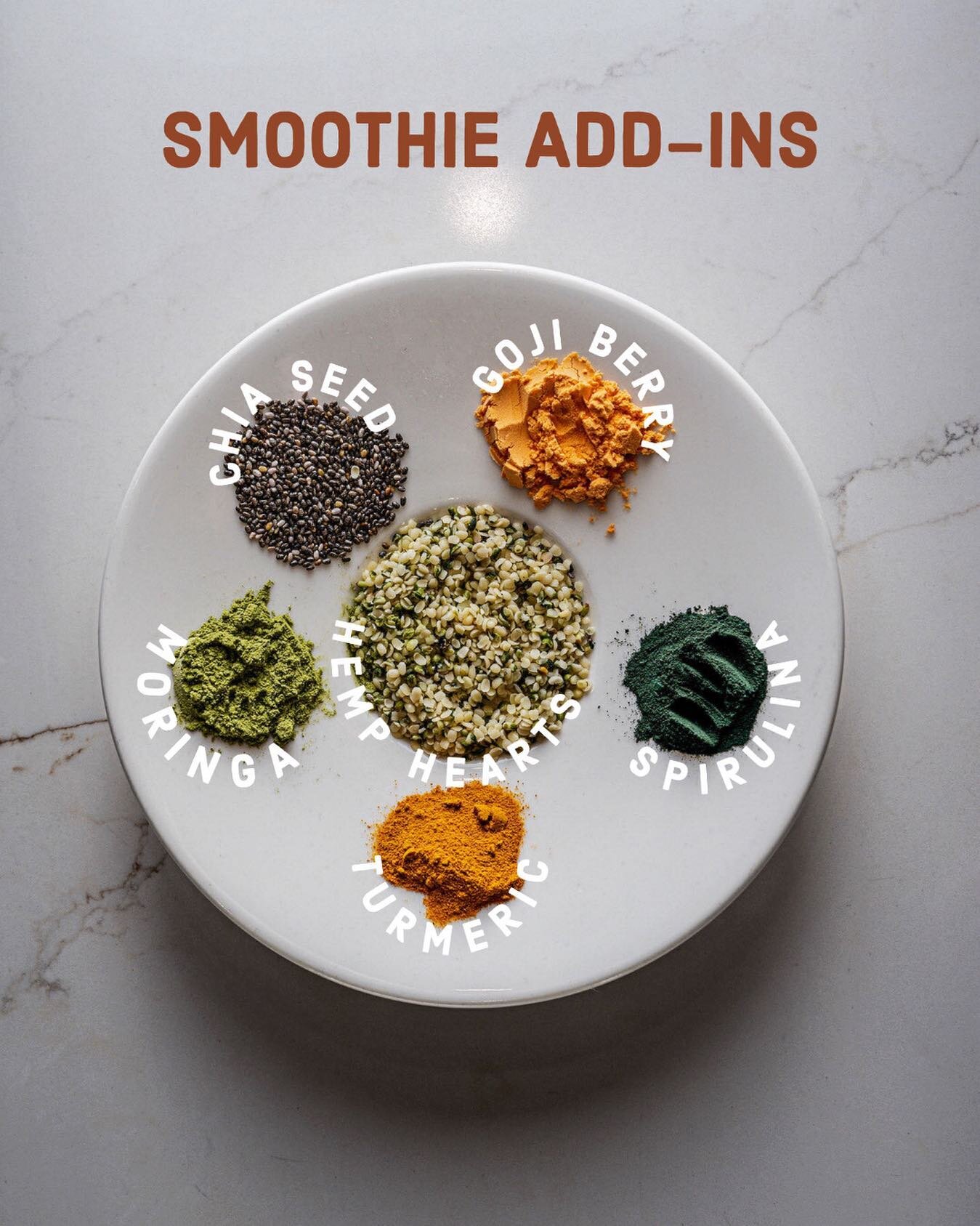 Give your smoothies a boost with one of our many add-ins! Benefits range from antioxidant properties from the turmeric to reducing blood sugar from the moringa. Each one of our add-ins carry powerful benefits guaranteed to give your afternoon pick me