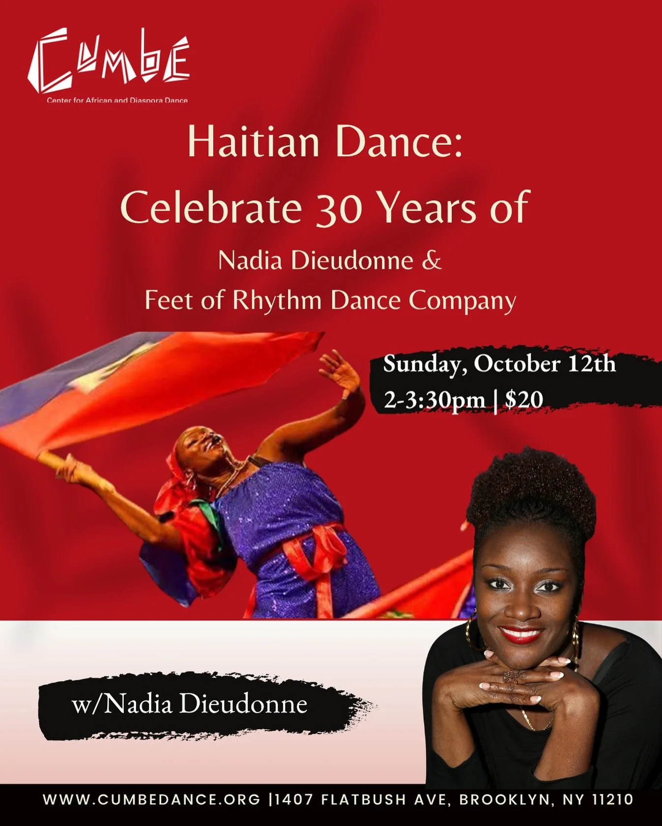 Celebrate 30 years of Haitian Dance w/ Nadia 

 Nadia is kicking off her 30 year anniversary celebration of her dance company, Feet of Rhythm!! Join her for a dynamic dance experience as you discover the vibrant heritage, rhythms and movements of Hai