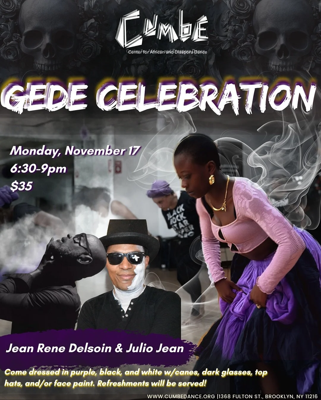 🇭🇹Gede Workshop 

Joins us Monday, November 17 for our annual F&egrave;te Gede dance workshop w/ @julio.jean.71 and @jrdelsoin87 

We are excited to welcome back Jean Rene Delsoin as he joins Julio for Gede, Haiti&rsquo;s ancestral celebration of l