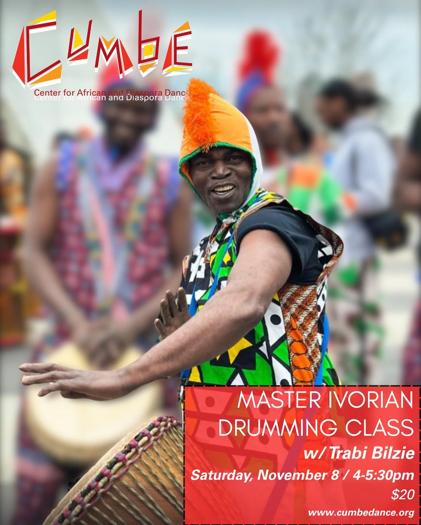 🚨 Special Guest: Bilizie Tra 

Let&rsquo;s give master drummer, Bilize Tra a big Cumbe welcome!. 

Bilize Tra is from the Guro people of Central Ivory Coast. The Guro are known for their cultural mask dances, especially the Zaouli mask. 

Learn to p
