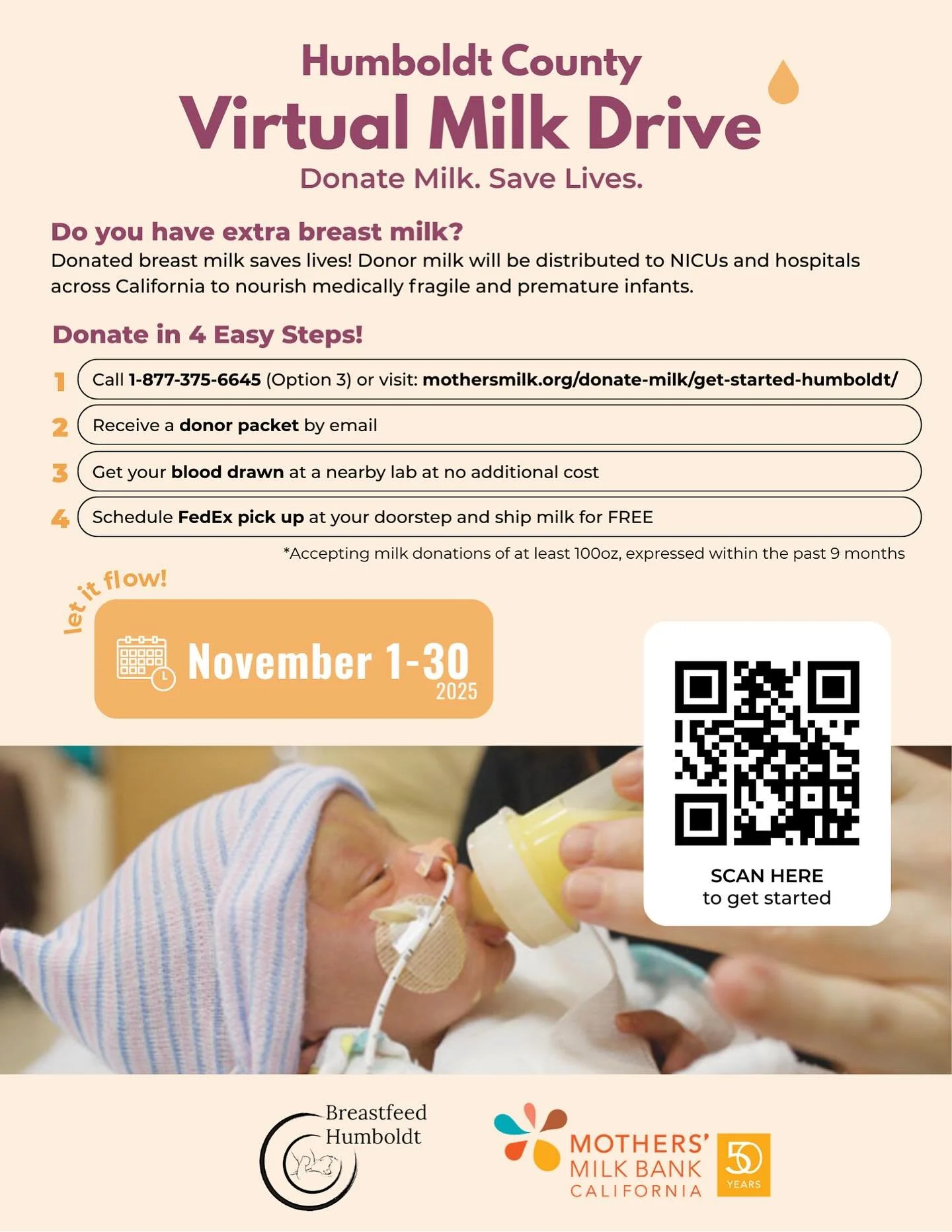 🗓️ Mark your calendars &amp; check your freezers! @breastfeedhumboldt is partnering with the @mothersmilkbankca for a Virtual Milk Drive this November!

Your donated milk can make a life-changing difference for premature and medically fragile babies