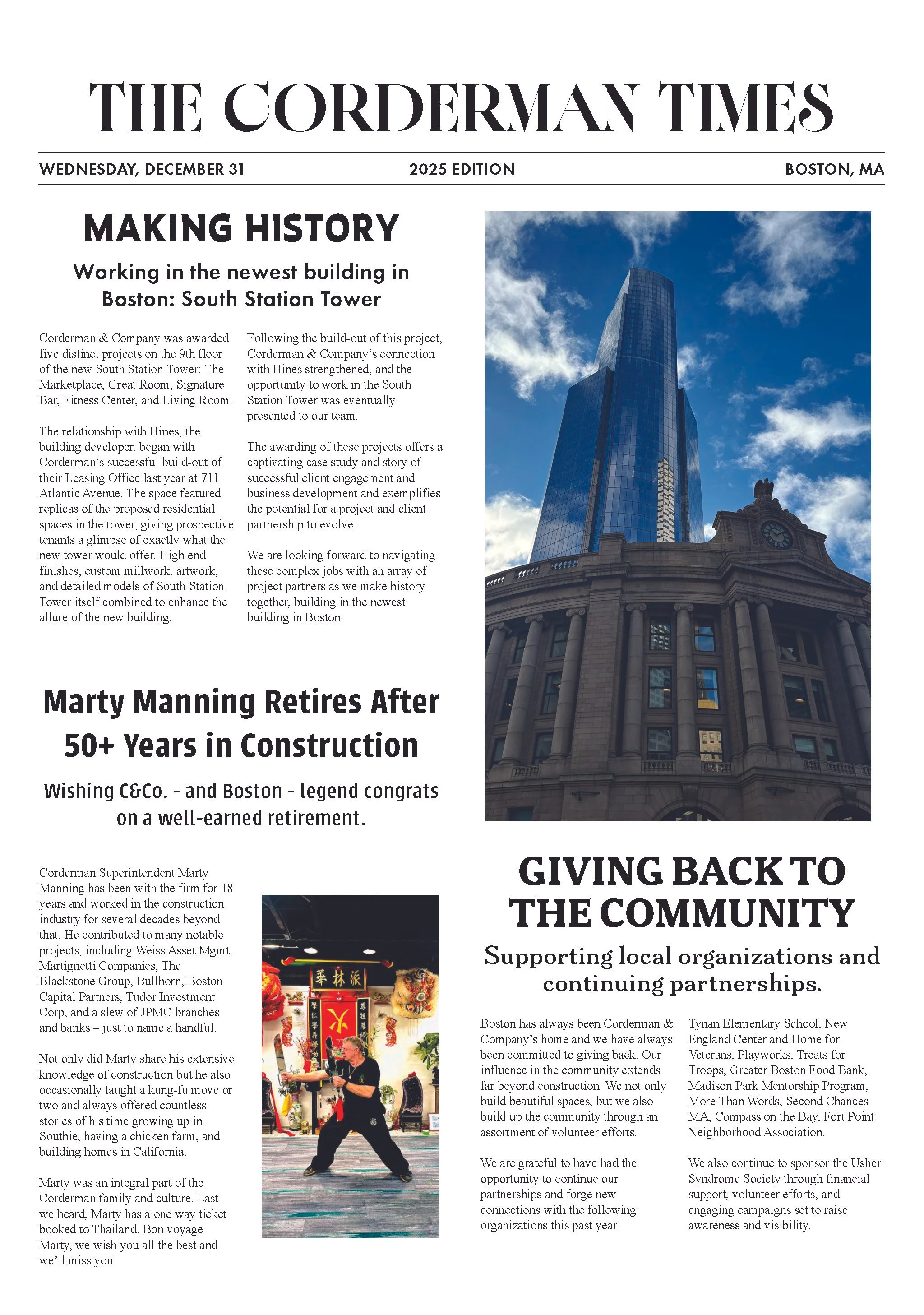 The front page of "The Corderman Times" newspaper with three different headlines, subheaders, and stories. There is a photo of the new South Station Tower to the right of the page and a photo of a man performing a kung-fu routine.