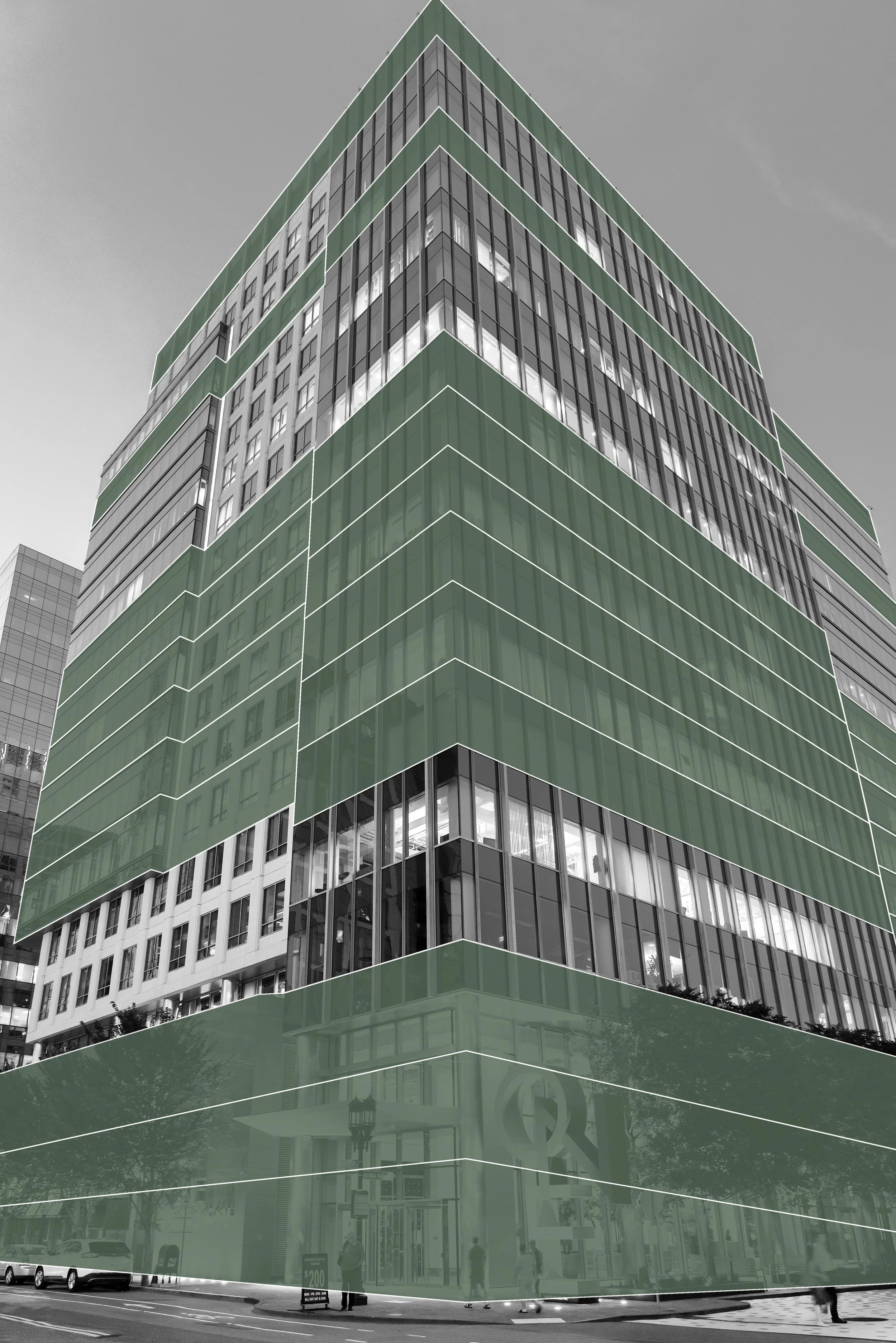 A photo of One Marina Park Drive in the Seaport in black and white. There are green bars across a handful of the floors, highlighting floors on which Boston general contractor, Corderman & Company, has completed build-outs.