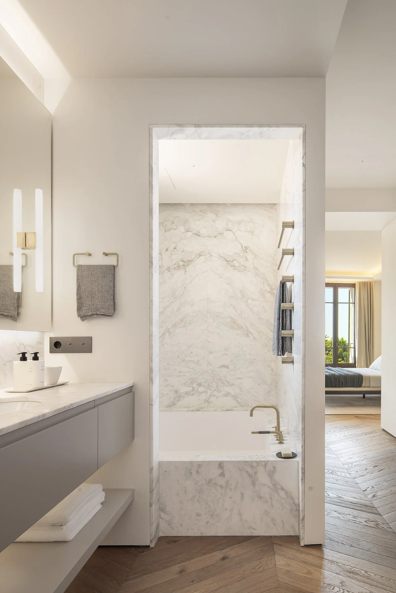 Marble shower and vanity in the owner’s bathroom at Villa Calatrava