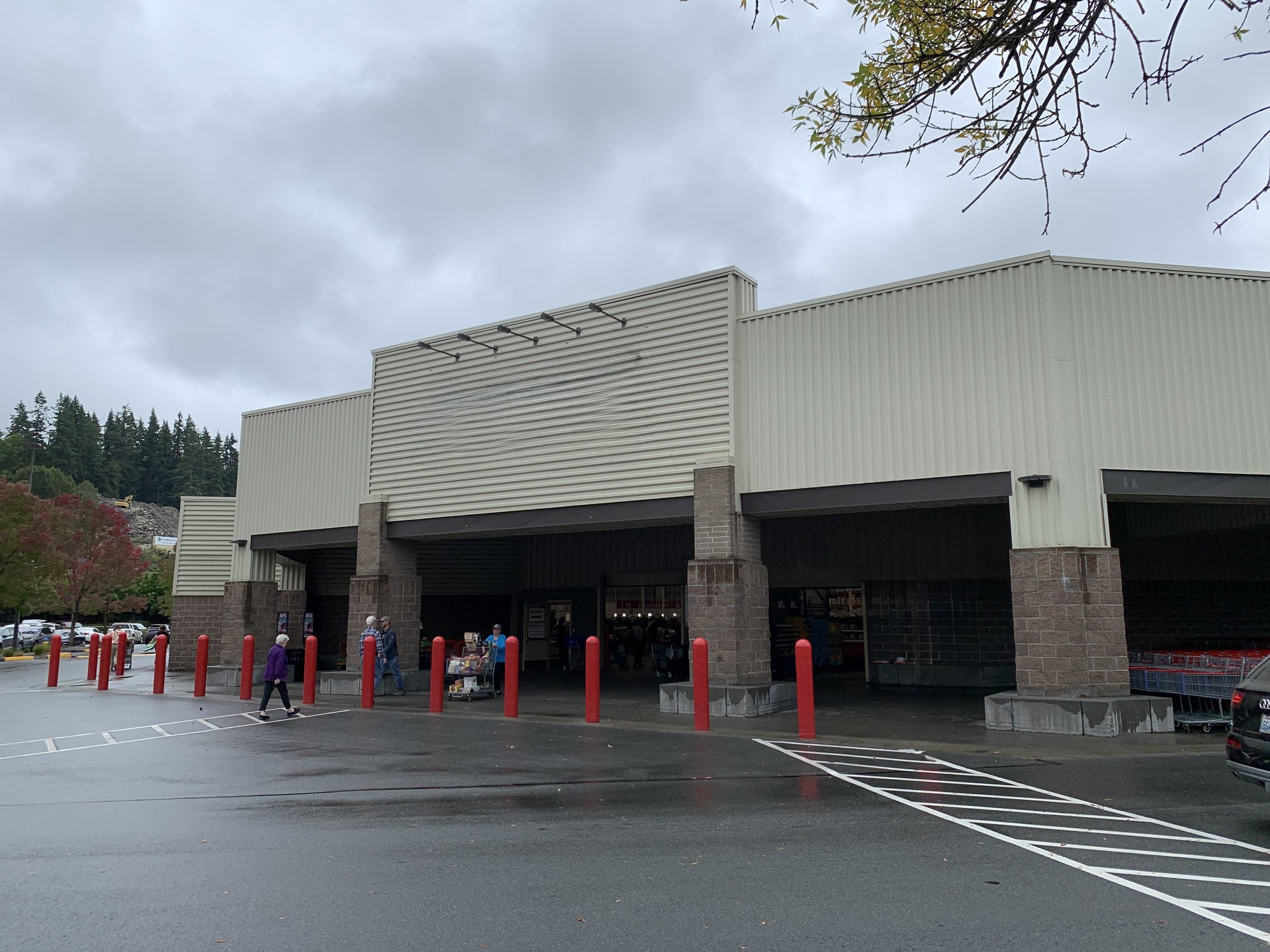 Large retail store building with a covered entrance and shopping carts, photographed from the parking lot
