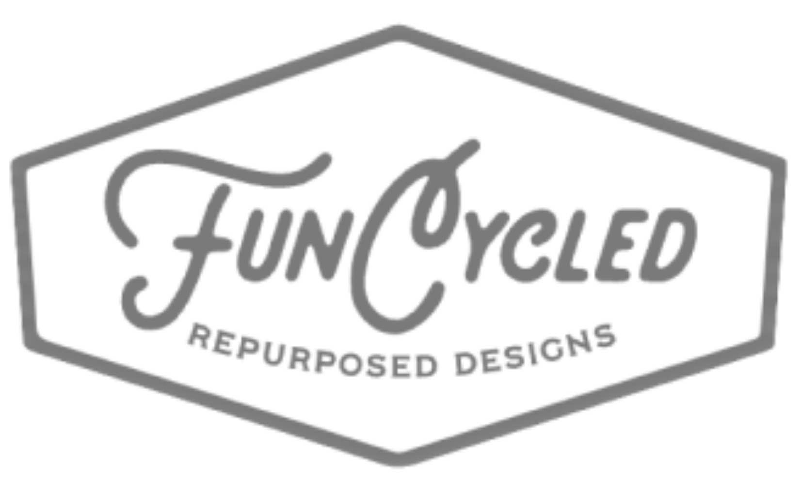 Logo for Funcycled Repurposed Designs with a hexagonal shape and stylized cursive text.