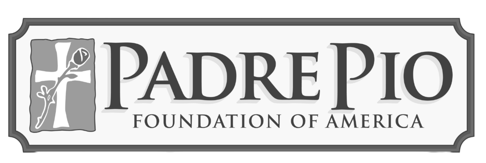 Logo of Padre Pio Foundation of America, featuring a stylized image of Padre Pio holding a crucifix.